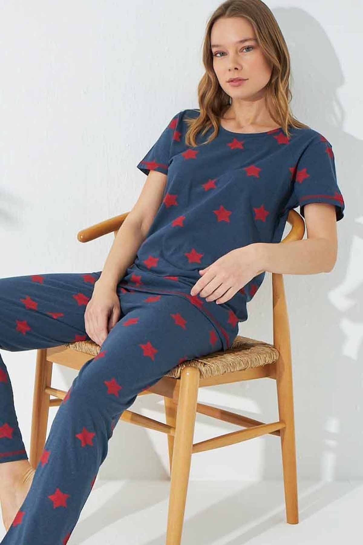 Siyah İnci Indigo Bordo Yıldız Kısa Kollu Pamuklu Pijama Takımı