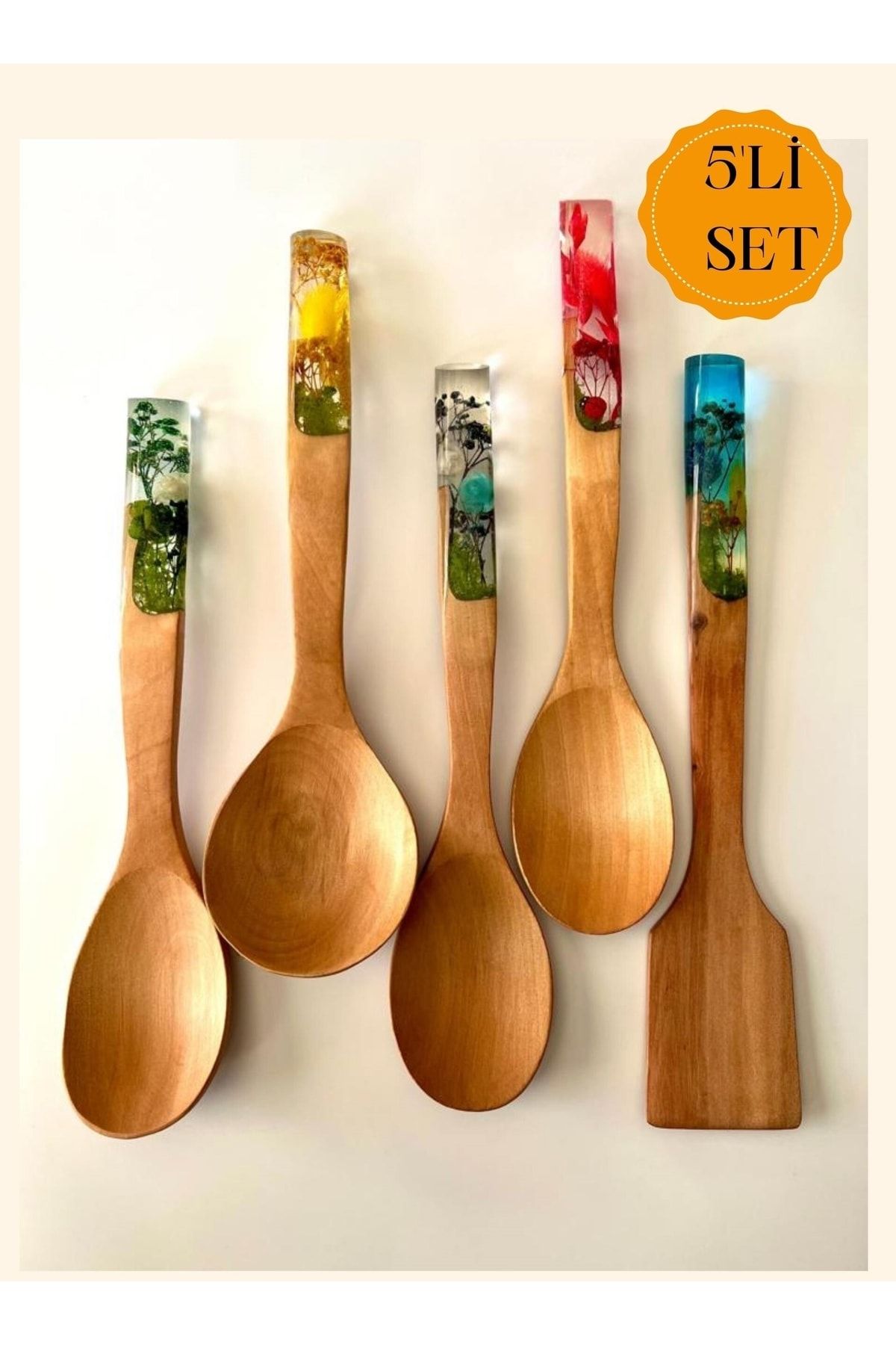 LOTUSSPOON Rainbow Serisi 30cm Premium El Yapımı 5 Parça Bambu Mutfak Seti,tahta Kaşık,kepçe,spatula,çeyiz Seti