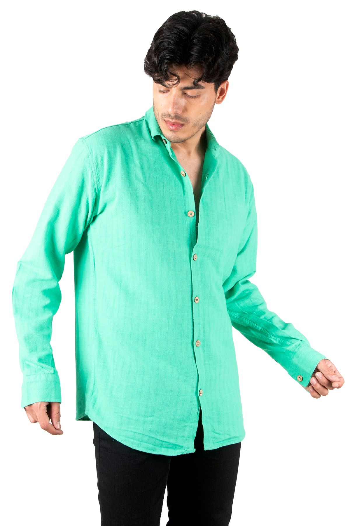 DeepSea Erkek Yeşil Uzun Kollu Owersize Keten Gömlek 2300519