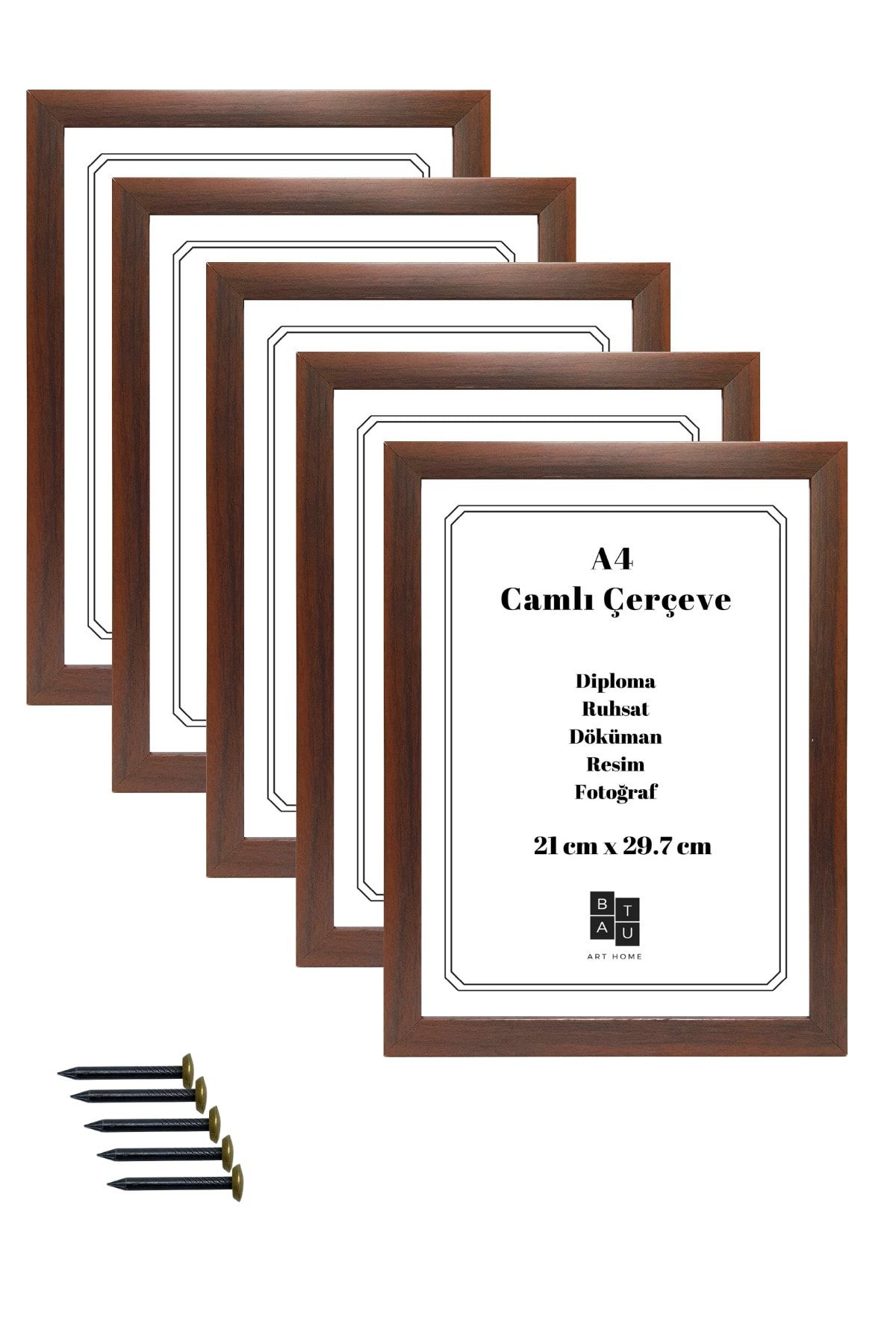 Batu Art Home 5 Adet A4 Çerçeve Gerçek Camlı Belge Diploma Resim Fotoğraf Asılabilir Ahşap Renk21x29.7 Cm