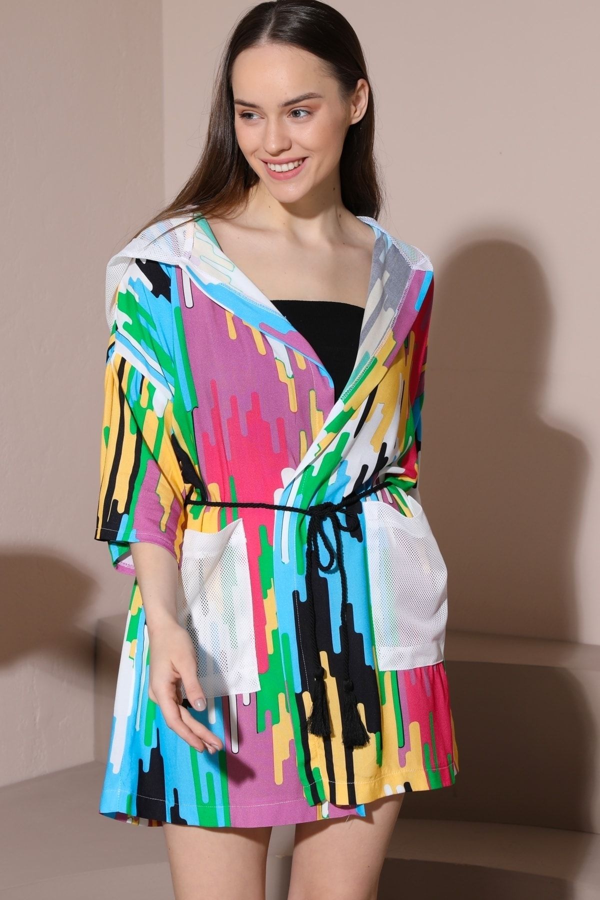 Suanye Yeni Sezon Kadın Çok Renkli Tasarım File Kapüşonlu Kimono