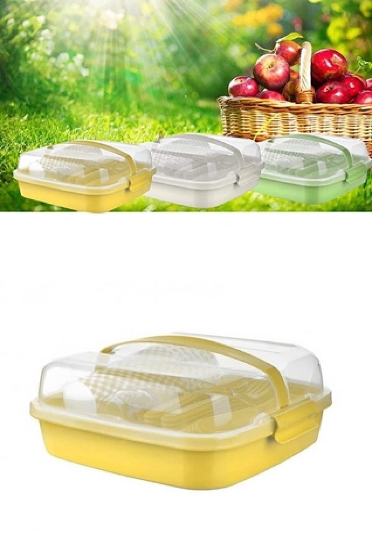 MasterCar Sarı Lovely 32 Parça Piknik Seti - Içiçe Geçebilen Çatal Kaşık Bıçaklı Full Set Plastik Saklama Kabı