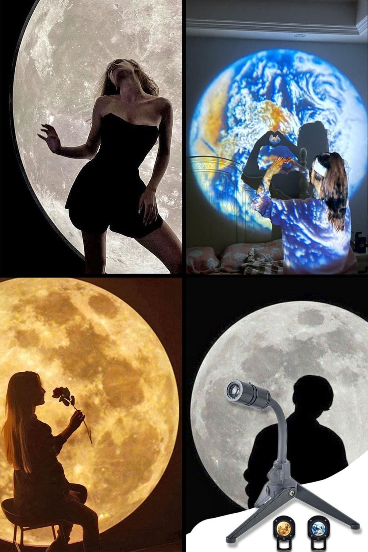 bukashops Moon Earth Projektör Lamba - Çift Lensli Ay Ve Dünya 360 Dönebilen Usb Gece Lambası