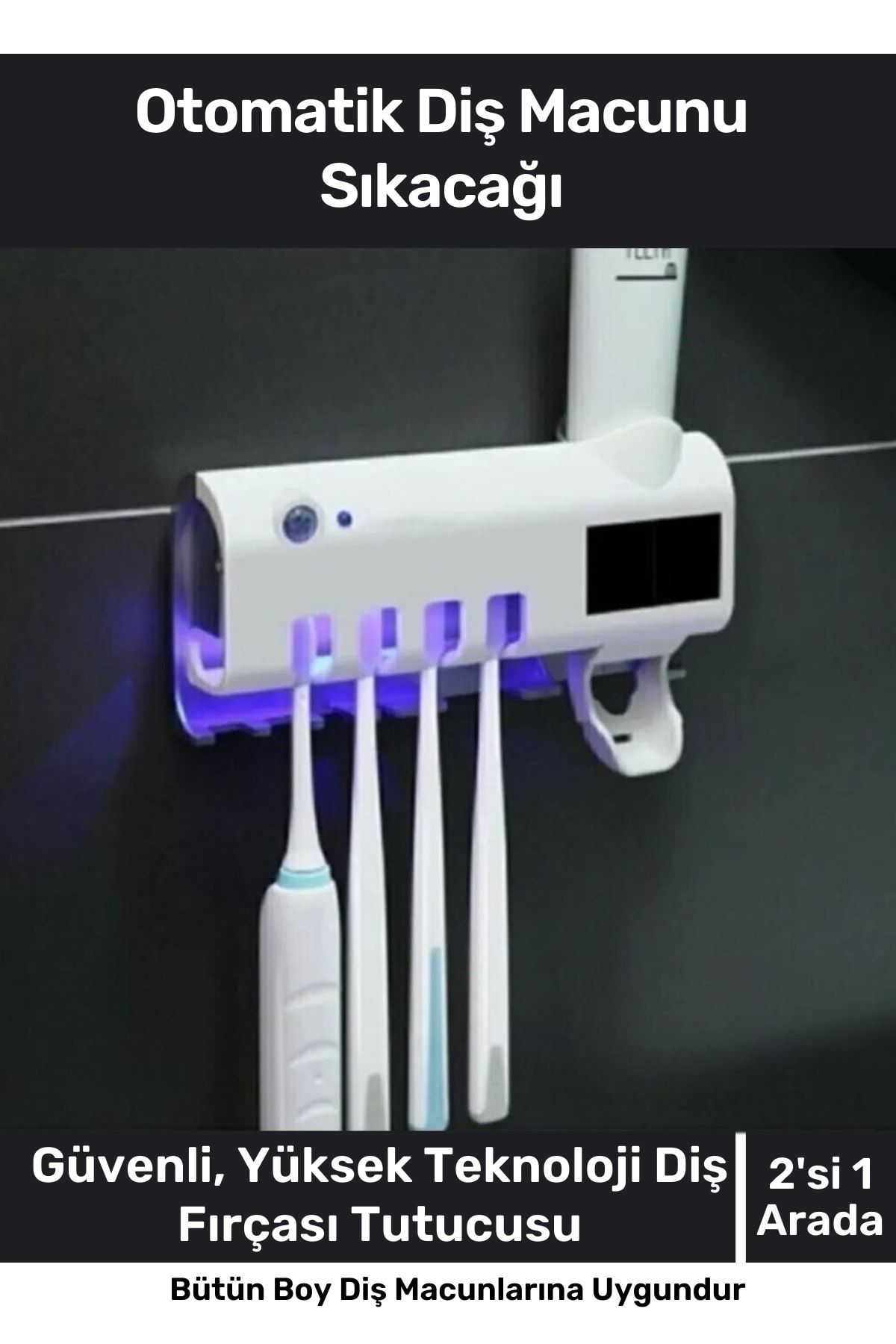 Fantazer Pratik Usb Şarjlı Ve Güneş Enerjili Otomatik Diş Macunu Sıkacağı 4 Adet Diş Fırçalığı Tutucu