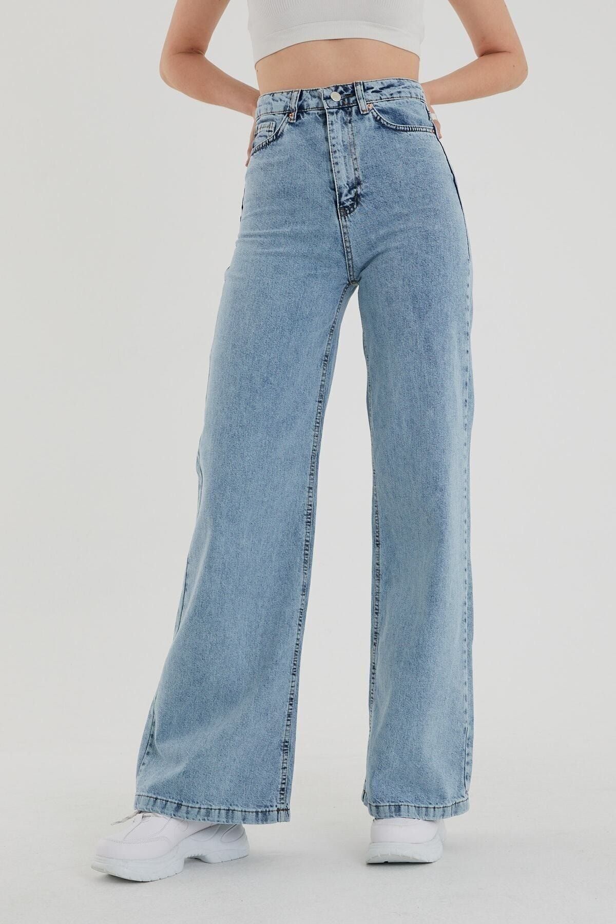 Genel Markalar Hannah Açık Mavi Kar Yıkama Likralı Salaş Geniş Paça Süper Yüksek Bel Kot Pantolon Wide Leg Jeans