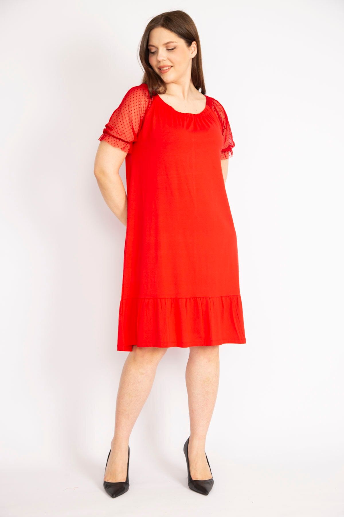 Şans Kadın Kırmızı Büyük Beden Kolları Tül Yakası Lastik Detaylı Etek Ucu Katlı Elbise 65n36289