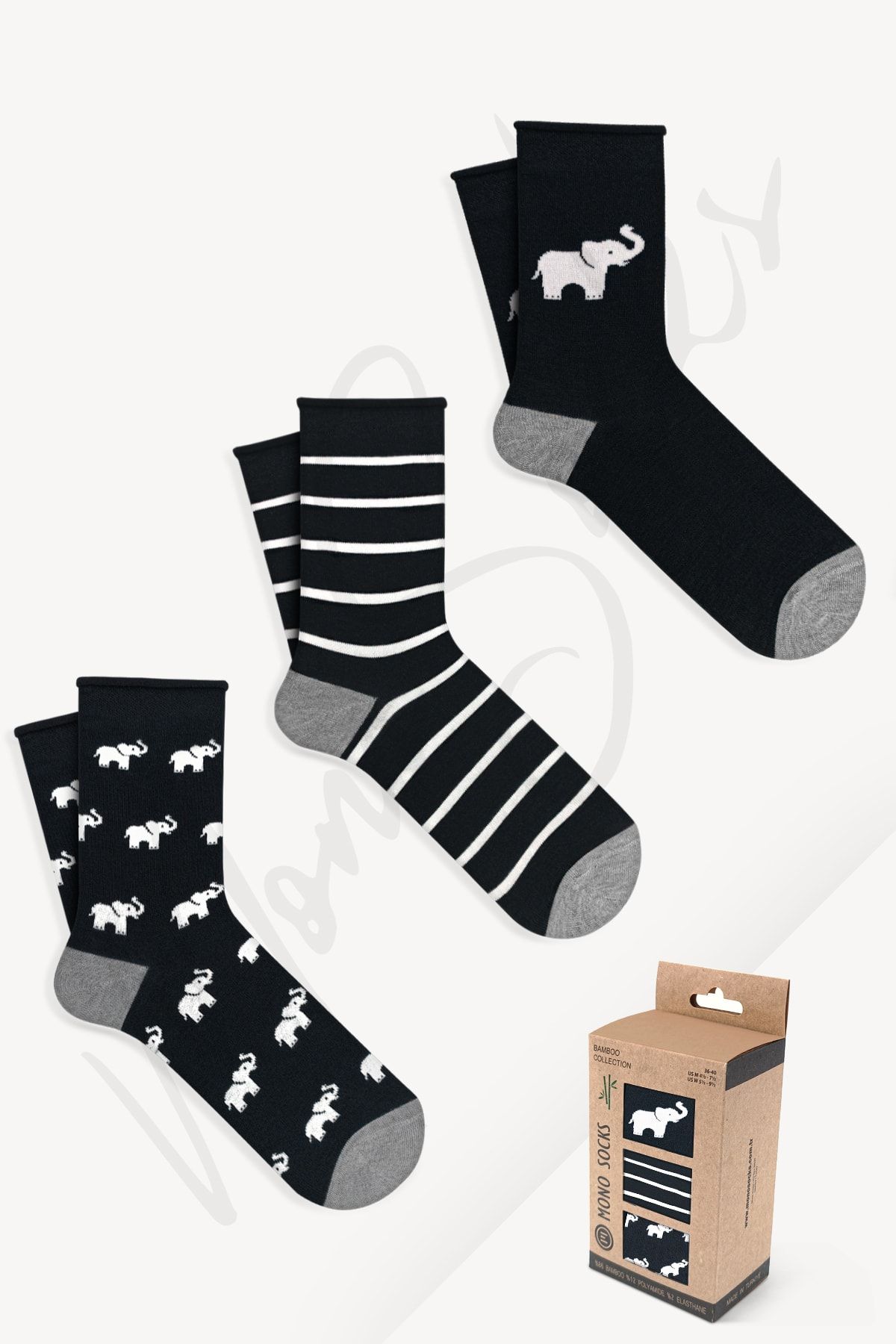 Mono Socks 3'lü Fil Desenli Lastiksiz Bambu Çorap