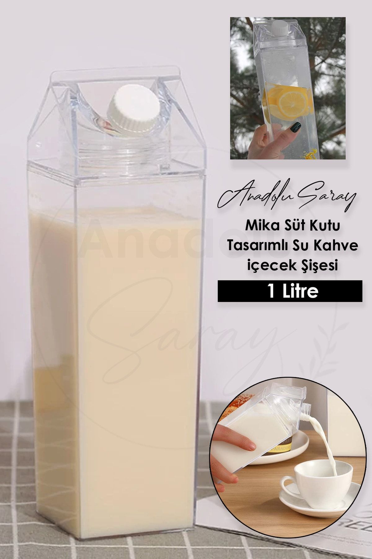 Anadolu Saray Çarşısı 1 Litre Mika Süt Kutu Tasarımlı Su Kahve Içecek Şişesi | Cam Değildir | Kahve Ve Sunum Bardağı