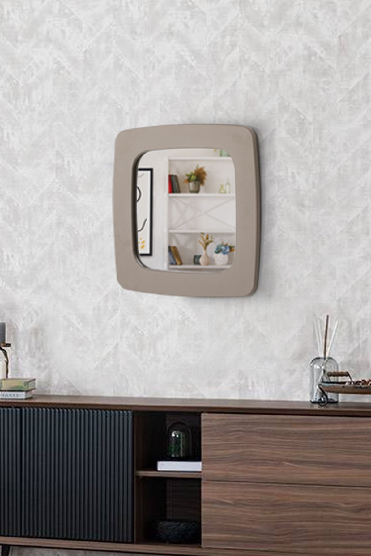 FAYMEND Dekoratif Mdf Çerçeveli Duvar Ayna - Salon Ayna - Banyo Ayna - Ofis Ayna '36cm Latte'