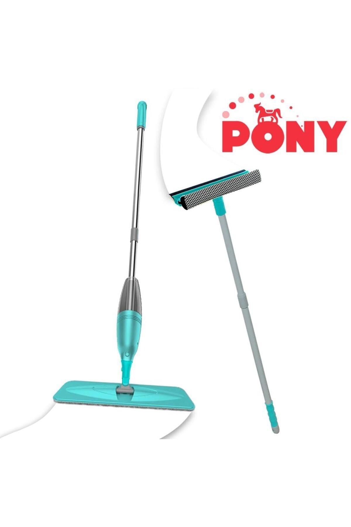 Pony Süper 2 Li Sprey Mop Teleskopik Saplı Cam Sileceği Çekçek Yeşil Paspas Temizlik Seti