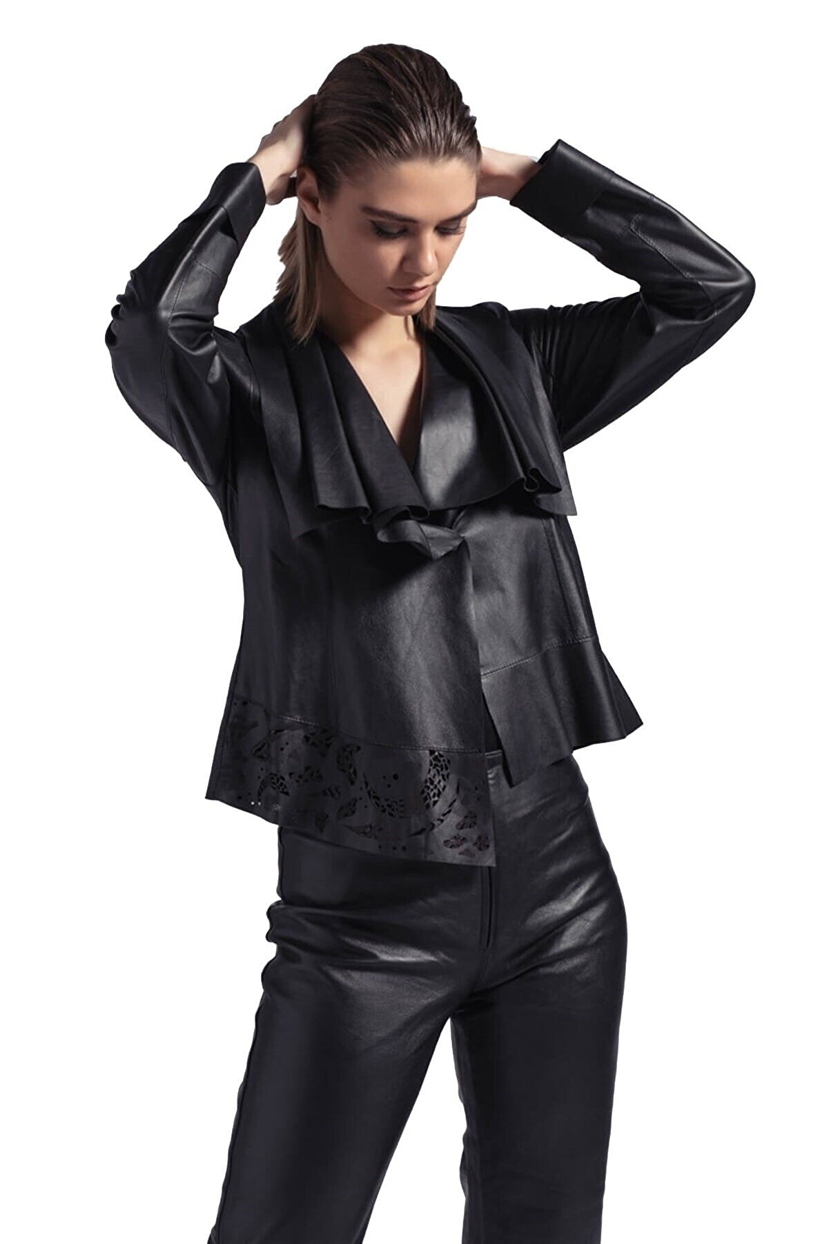 Deriderim Siyah Misty Astarsız Lazer Detaylı Süslü Yakalı Kadın Ince Hafif Hakiki Deri Ceket