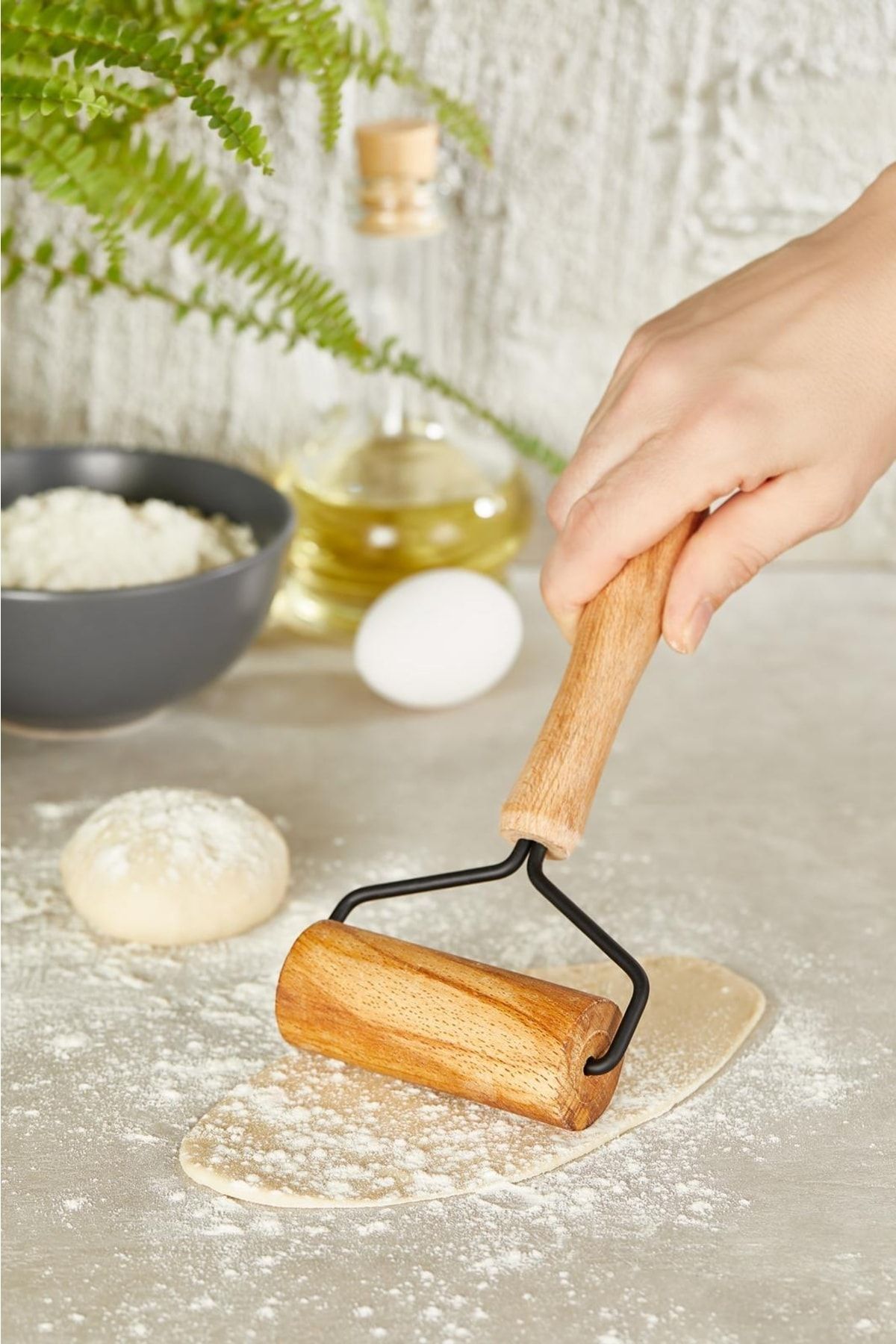 Woodeso Ahşap Saplı Rulo Hamur Açıcı Merdane Hamur Rulosu Pürüzsüz Oklava Pizza Börek Açma Silindir