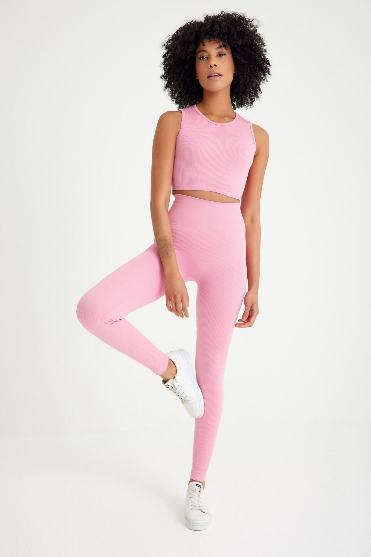 SAY Sportswear Pembe Yüksek Bel Toparlayıcı Fitilli Tayt - Crop Top Takım