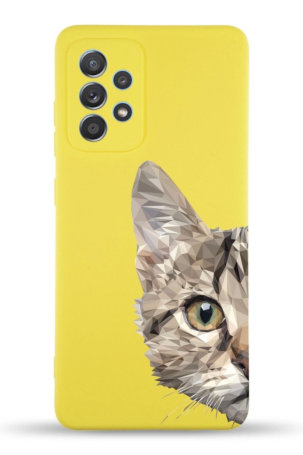 PrintiFy Samsung Galaxy A73 Uyumlu Lansman Kılıf Catface Tasarımlı Içi Kadife Kapak-sarı