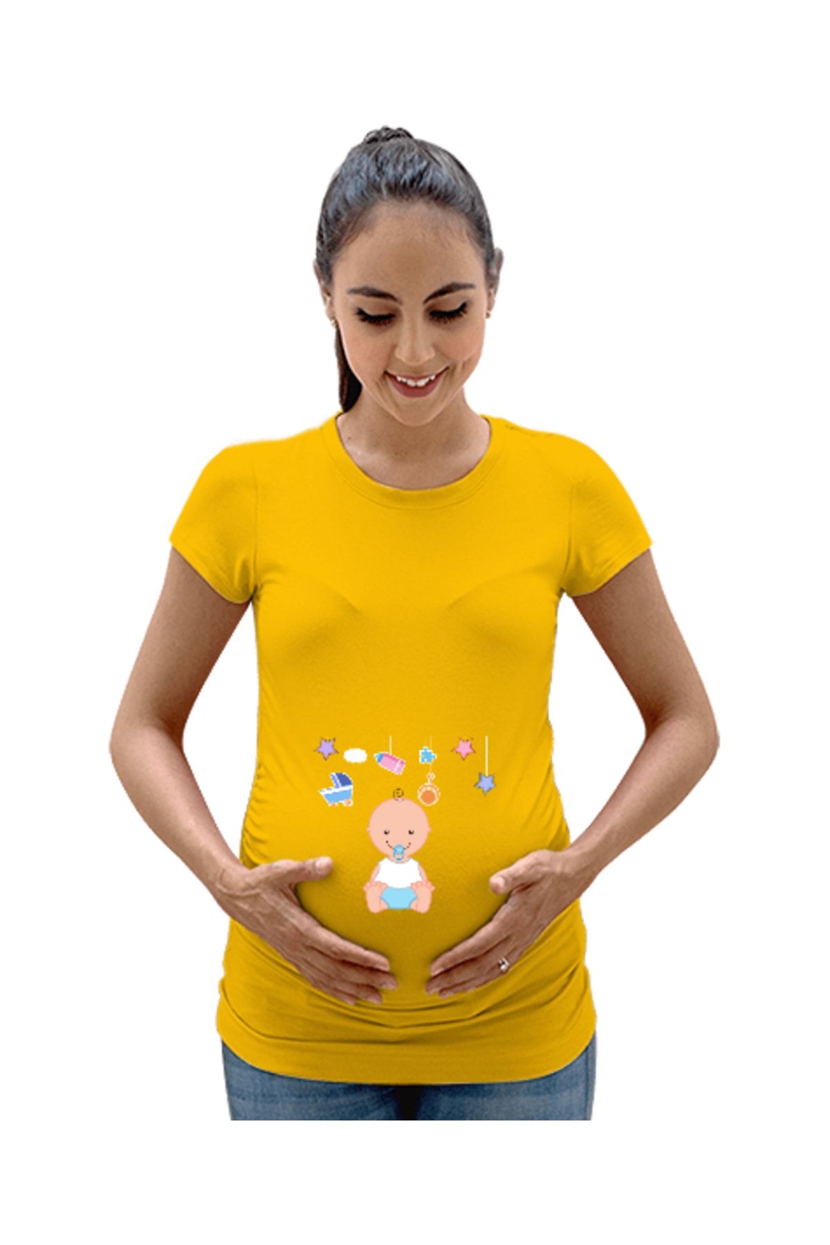 Tisho Minik Bebek Baskılı Sevimli Sarı Kadın Hamile Tişört