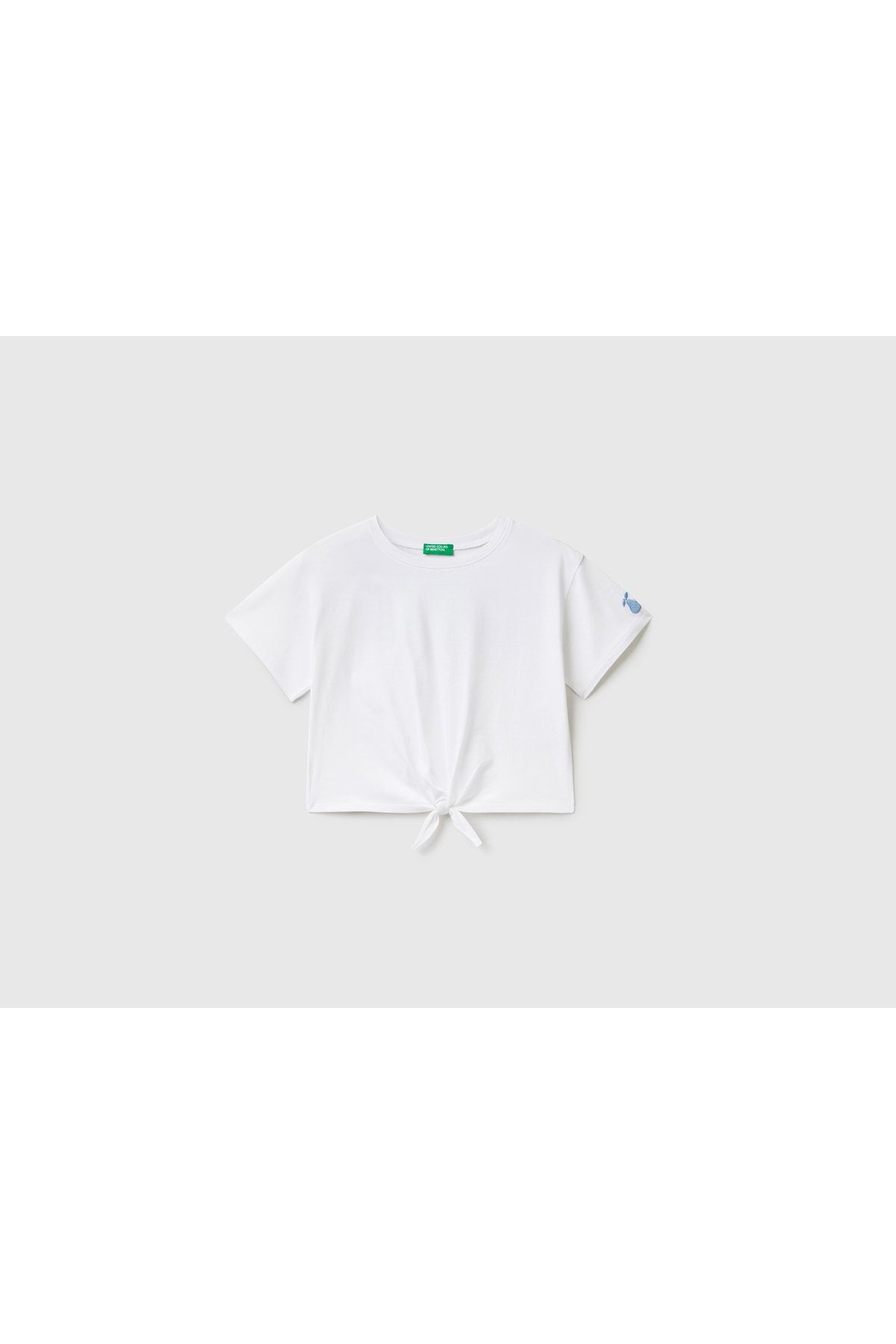 United Colors of Benetton Kız Çocuk Beyaz Önden Bağlamalı Renk Blok Işlemeli Crop T-shirt Beyaz