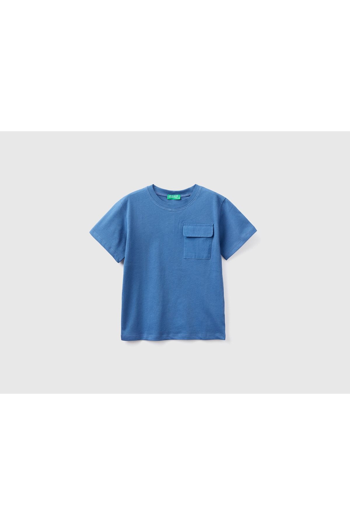 United Colors of Benetton Erkek Çocuk Saks Mavi Omzu Slogan Baskılı Cepli T-shirt Saks Mavi