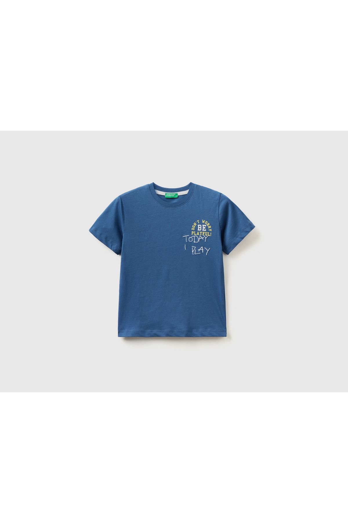 United Colors of Benetton Erkek Çocuk Saks Mavi Renkli Slogan Baskılı T-shirt Saks Mavi