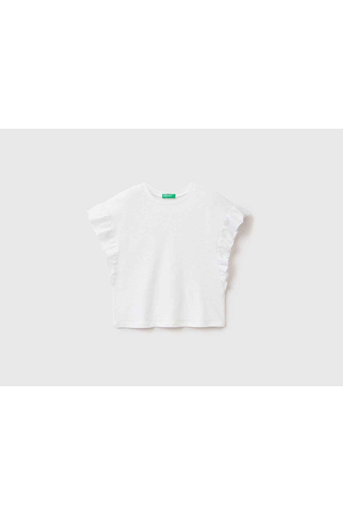 United Colors of Benetton Kız Çocuk Beyaz Keten Karışımlı Kolu Fırfırlı T-shirt Beyaz