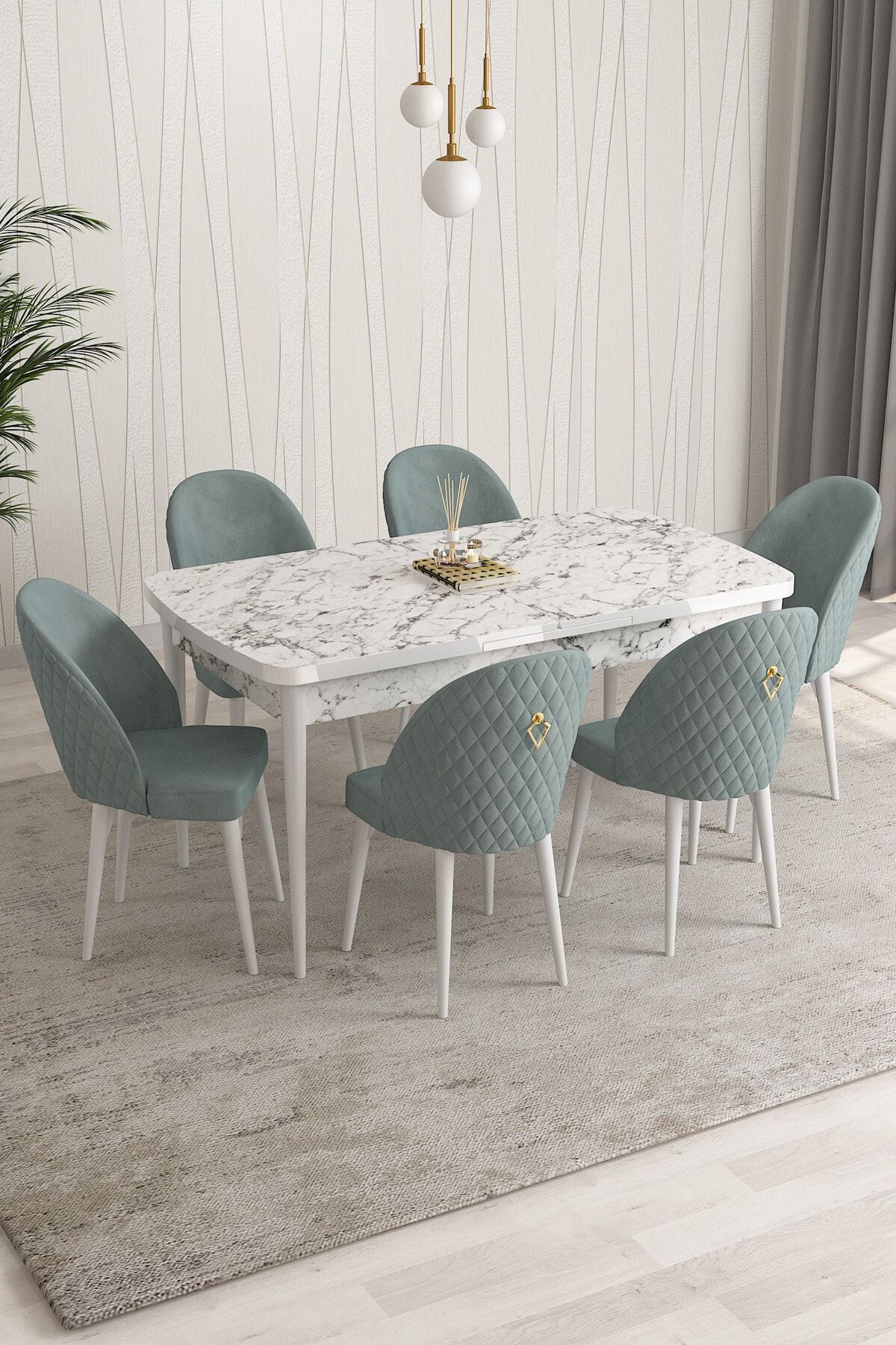 Rovena Modica Beyaz Mermer Desen 80x132 Açılabilir Yemek Masası Takımı 6 Adet Sandalye