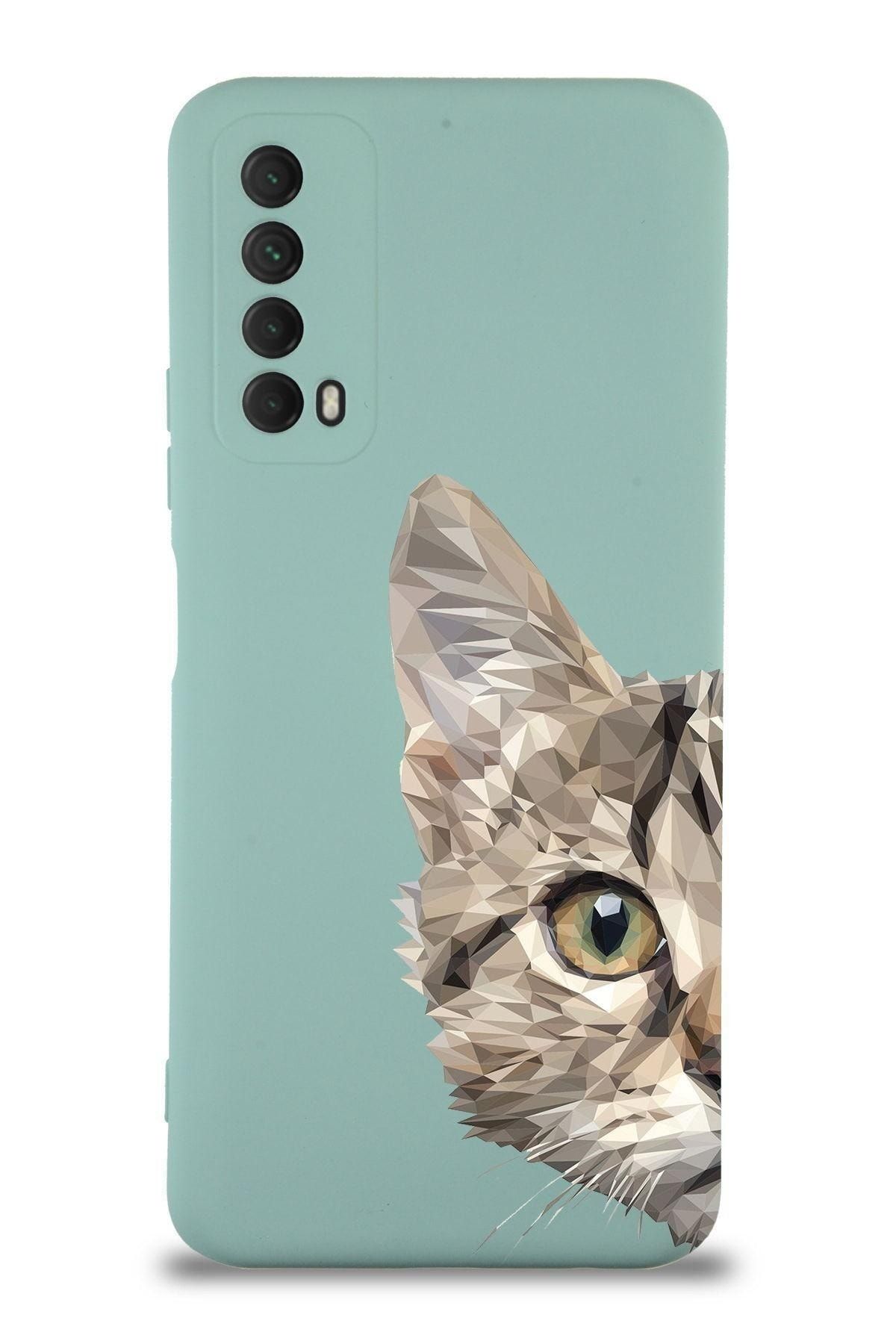 PrintiFy Huawei P Smart 2021 Uyumlu Lansman Kılıf Catface Tasarımlı Içi Kadife Kapak-turkuaz