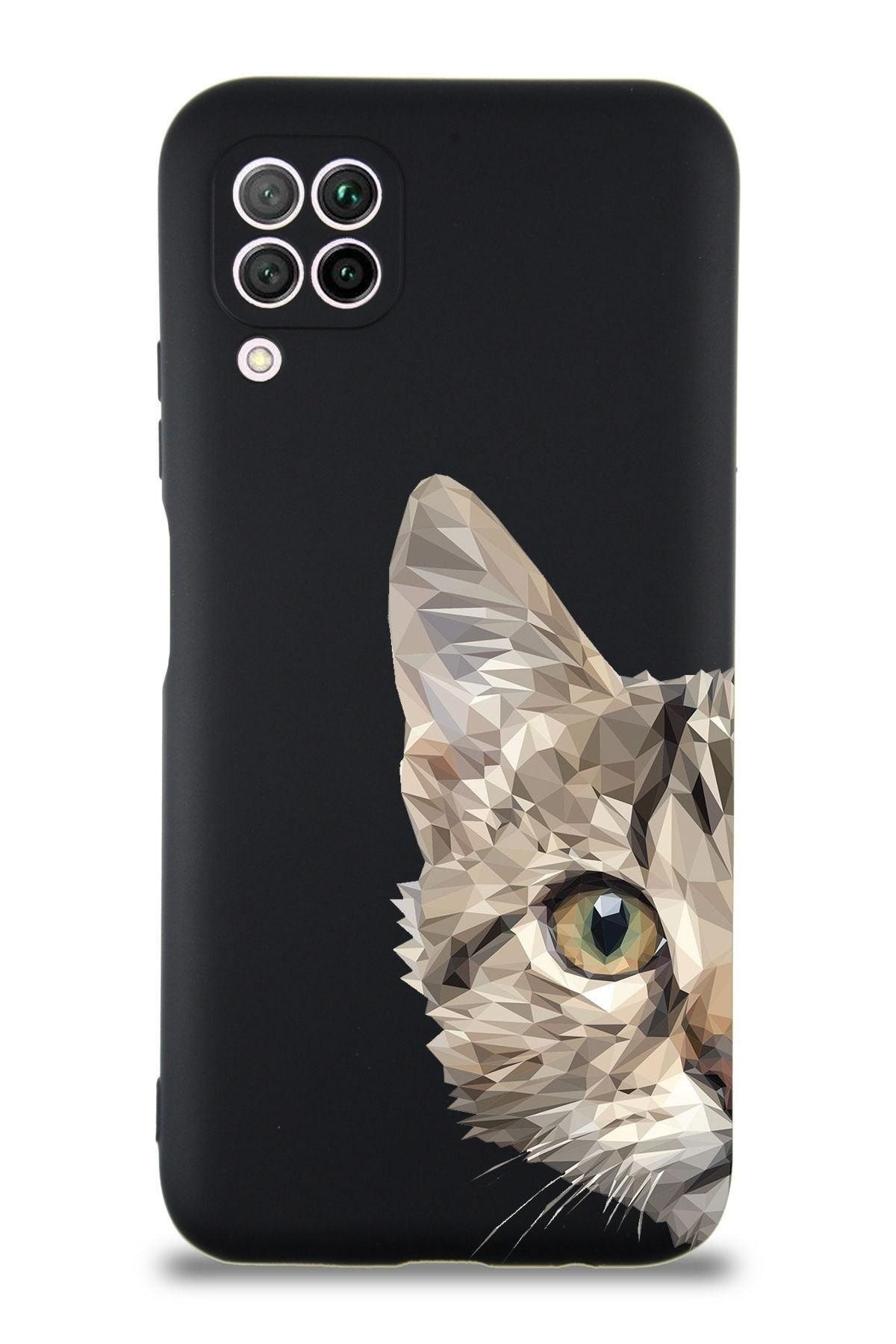 PrintiFy Huawei P 40 Lite Uyumlu Lansman Kılıf Catface Tasarımlı Içi Kadife Kapak-siyah