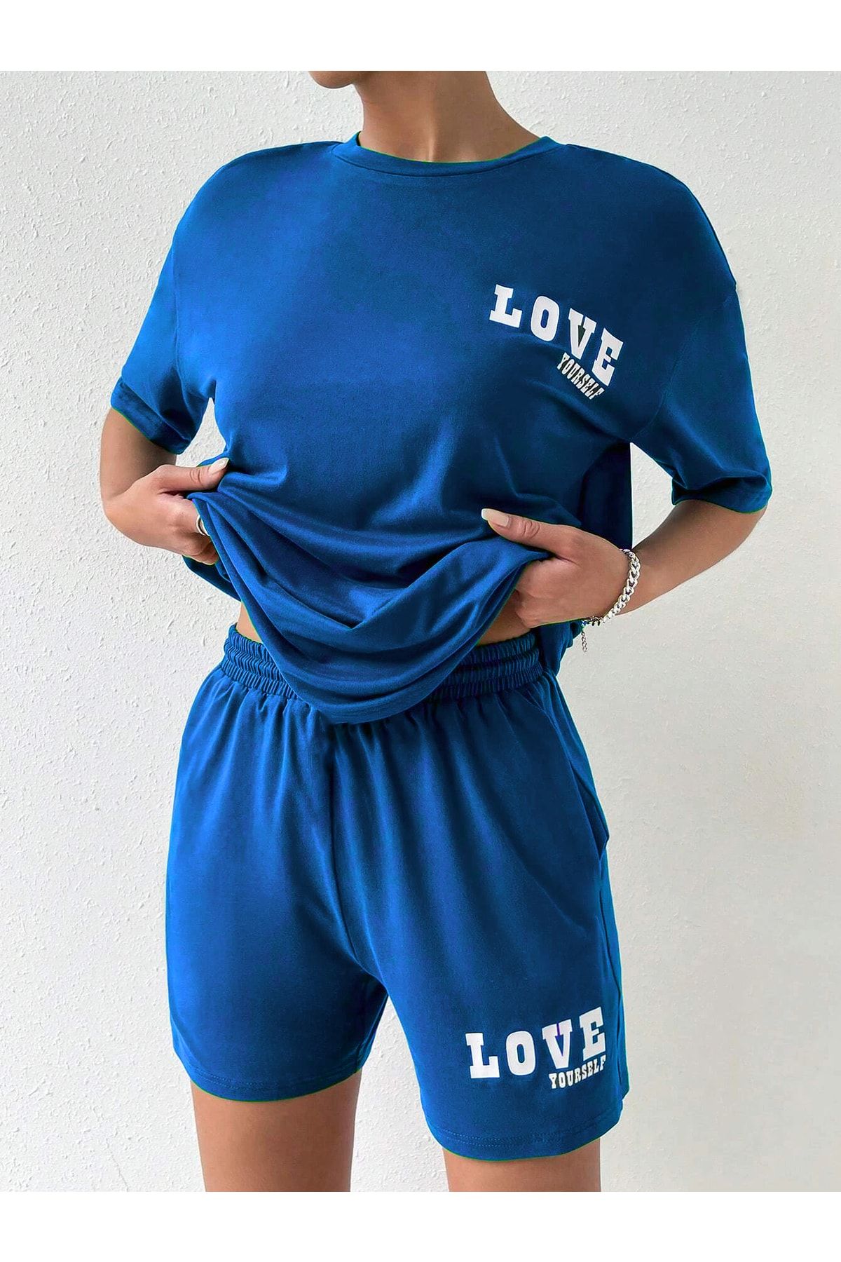 DUBU BUTİK Love Yourself T-shirt Şort - Saks Mavi Alt Üst Kombin Şort Tişört Takım Baskılı Bisiklet Yaka