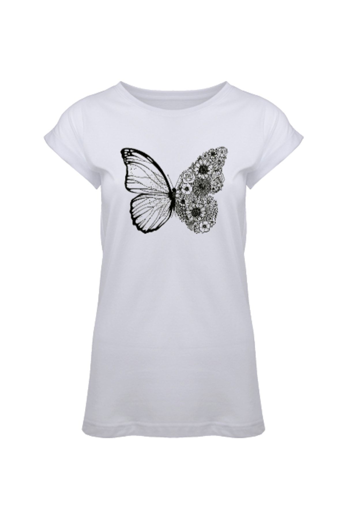 Tisho Floral Butterfly - Kelebek Beyaz Kadın Tunik