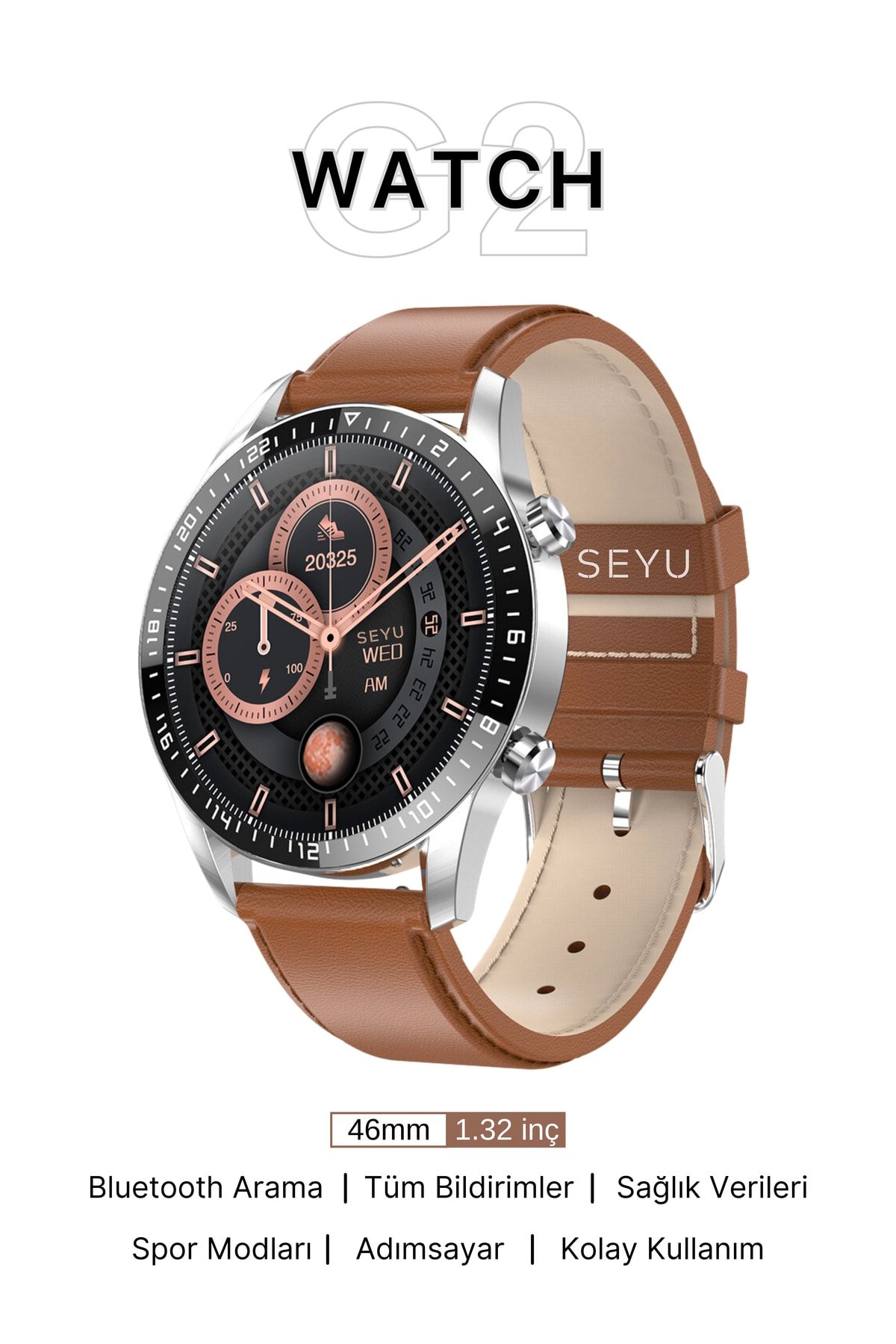 SEYUWATCH Watch G2 Akıllı Saat Iphone Ve Android Tüm Telefonlara Uyumlu Smartwatch Kahverengi Deri