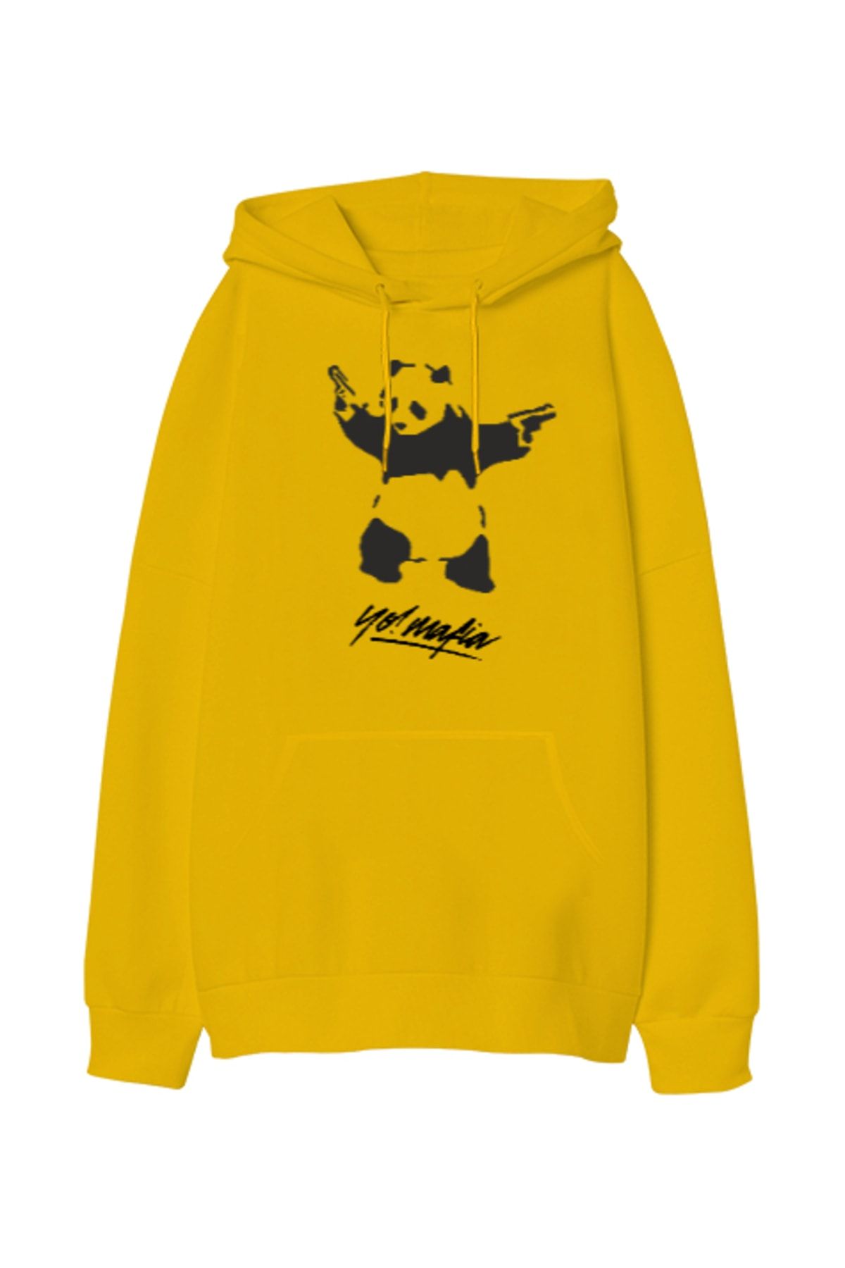 Tisho Mafya Panda Sarı Oversize Unisex Kapüşonlu Sweatshirt