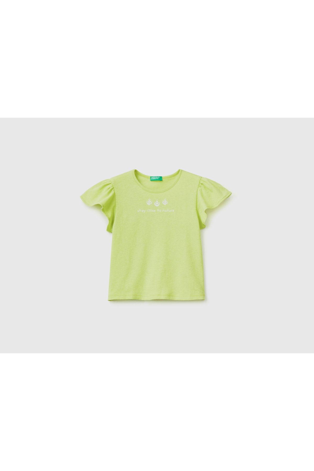 United Colors of Benetton Kız Çocuk Açık Yeşil Slogan Baskılı T-shirt Açık Yeşil