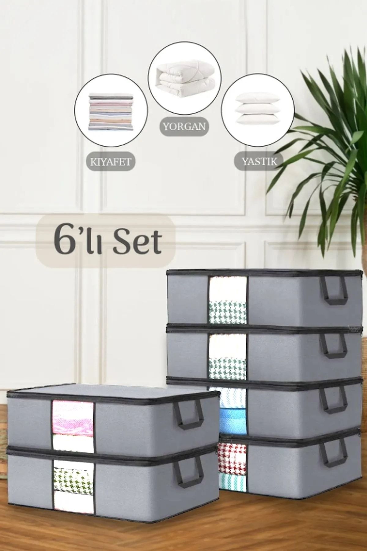 Meleni Home 6'lı Büyük Boy Baza Altı Hurç - Pencereli Yastık Kıyafet Saklama Hurcu 64 X 45 X 22 Cm Gri