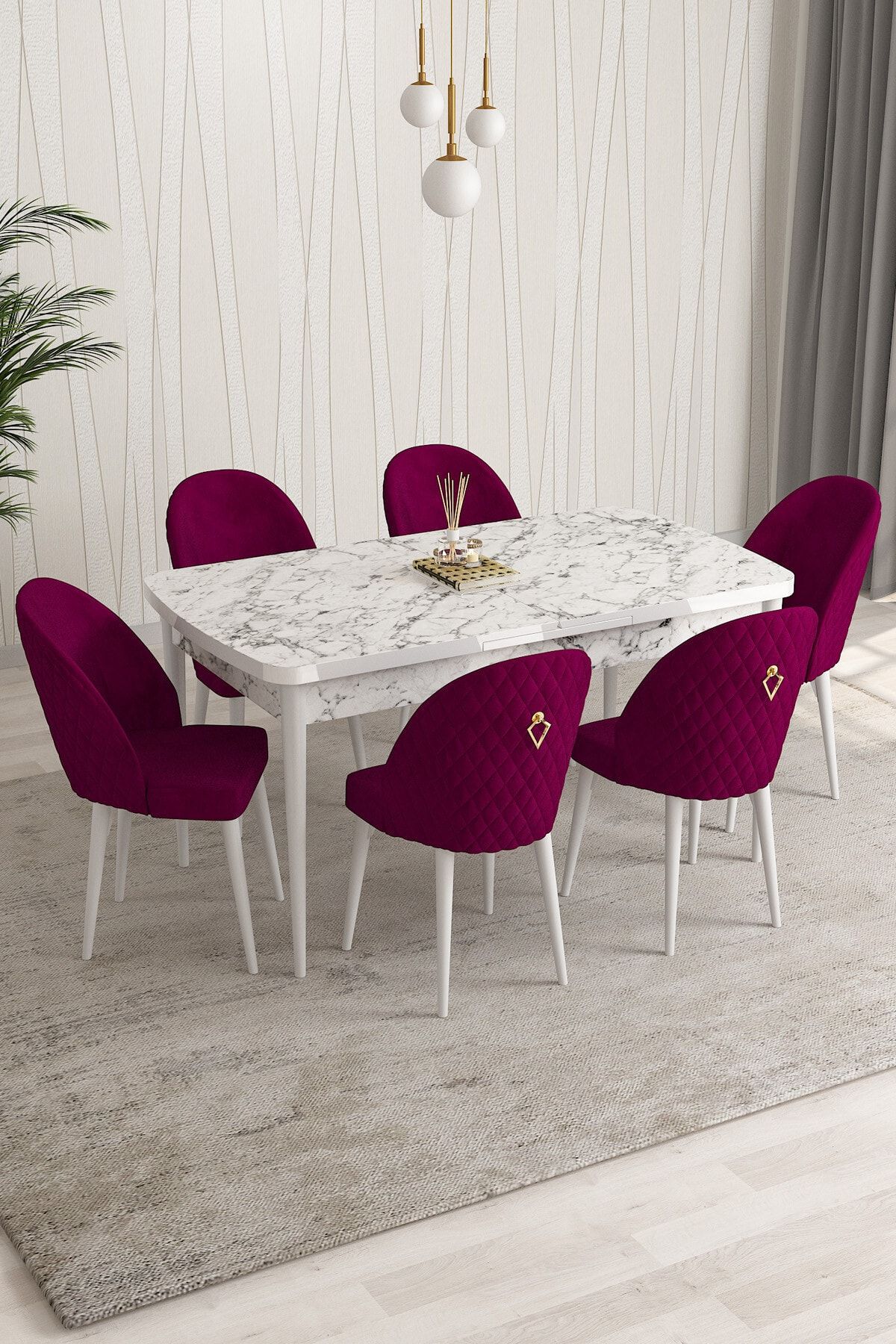 Rovena Modica Beyaz Mermer Desen 80x132 Açılabilir Yemek Masası Takımı 6 Adet Sandalye