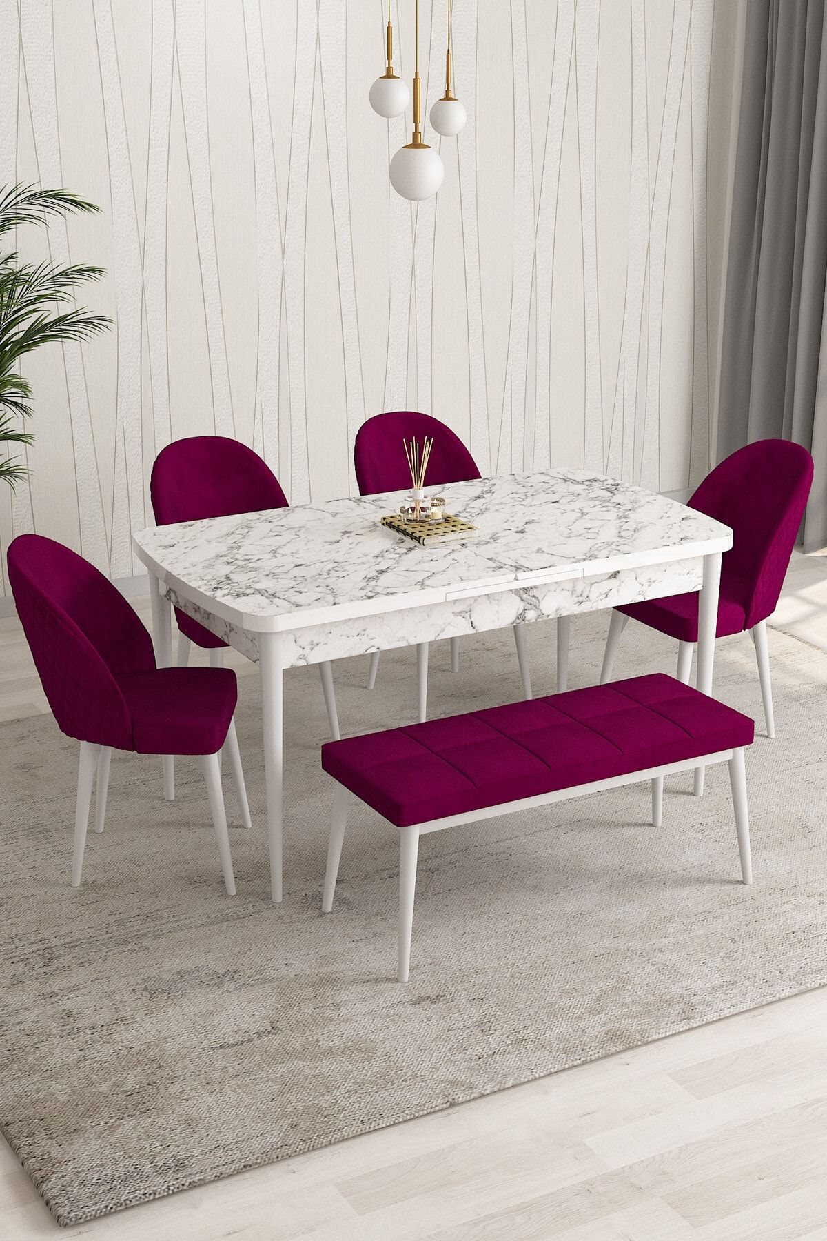 Rovena Modica Beyaz Mermer Desen 80x132 Açılabilir Yemek Masası Takımı 4 Sandalye, 1 Bench