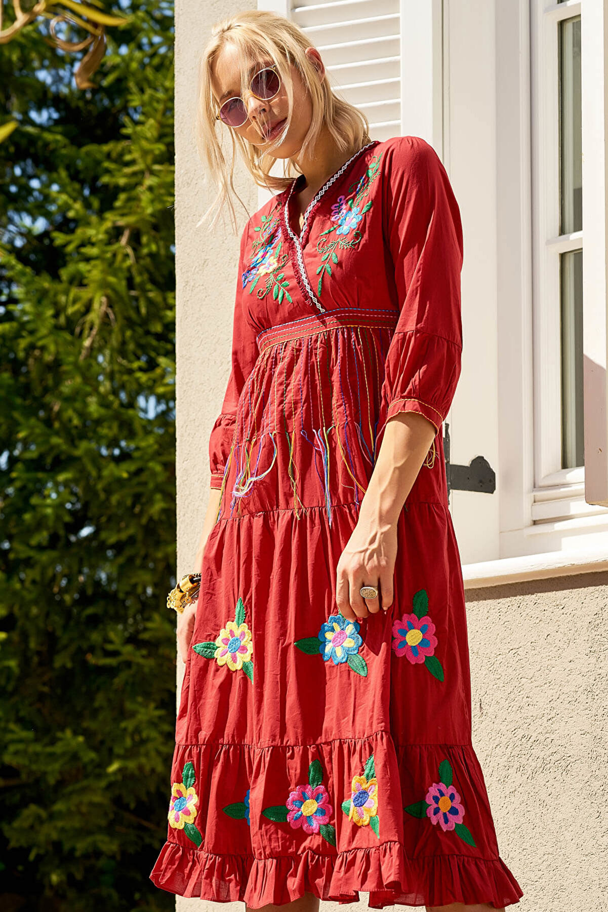Y-London Kadın Bordo Etnik İşlemeli V Yaka Bohem Elbise FLZ-T9687