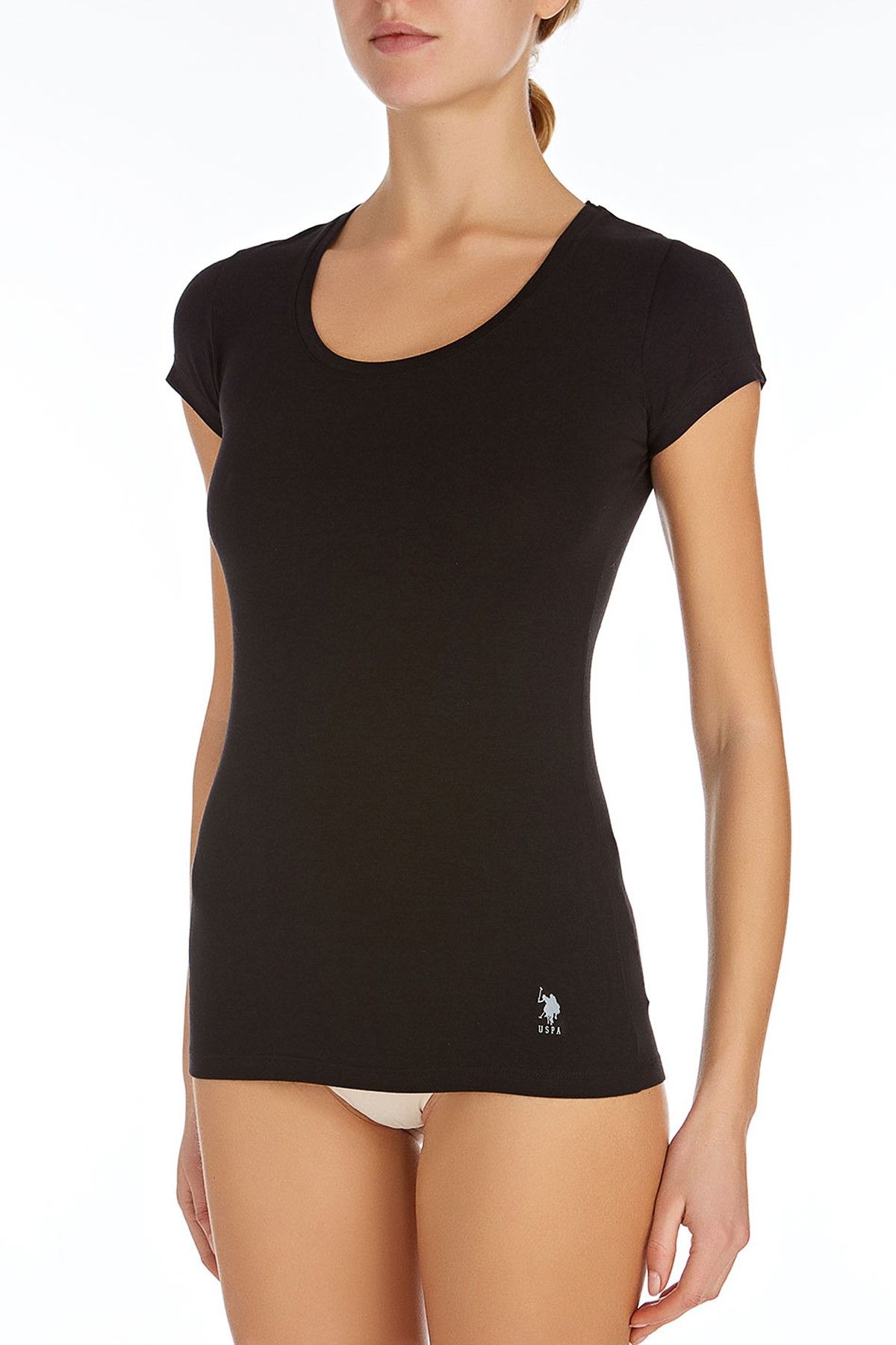 U.S. Polo Assn. Kadın Siyah Derin O Yaka T-Shirt 66163