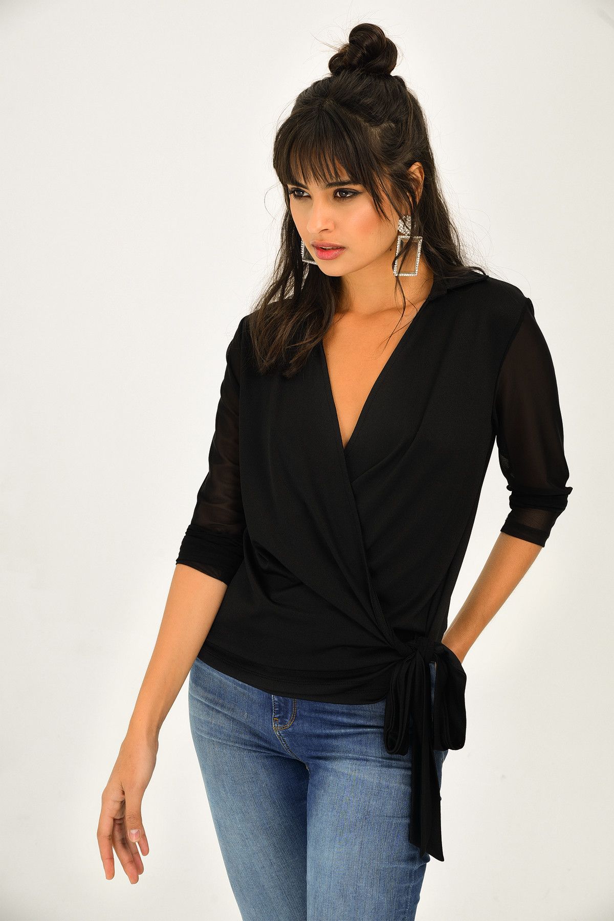 Cool & Sexy Kadın Siyah Kolları Tül Kruvaze Bluz TZ22