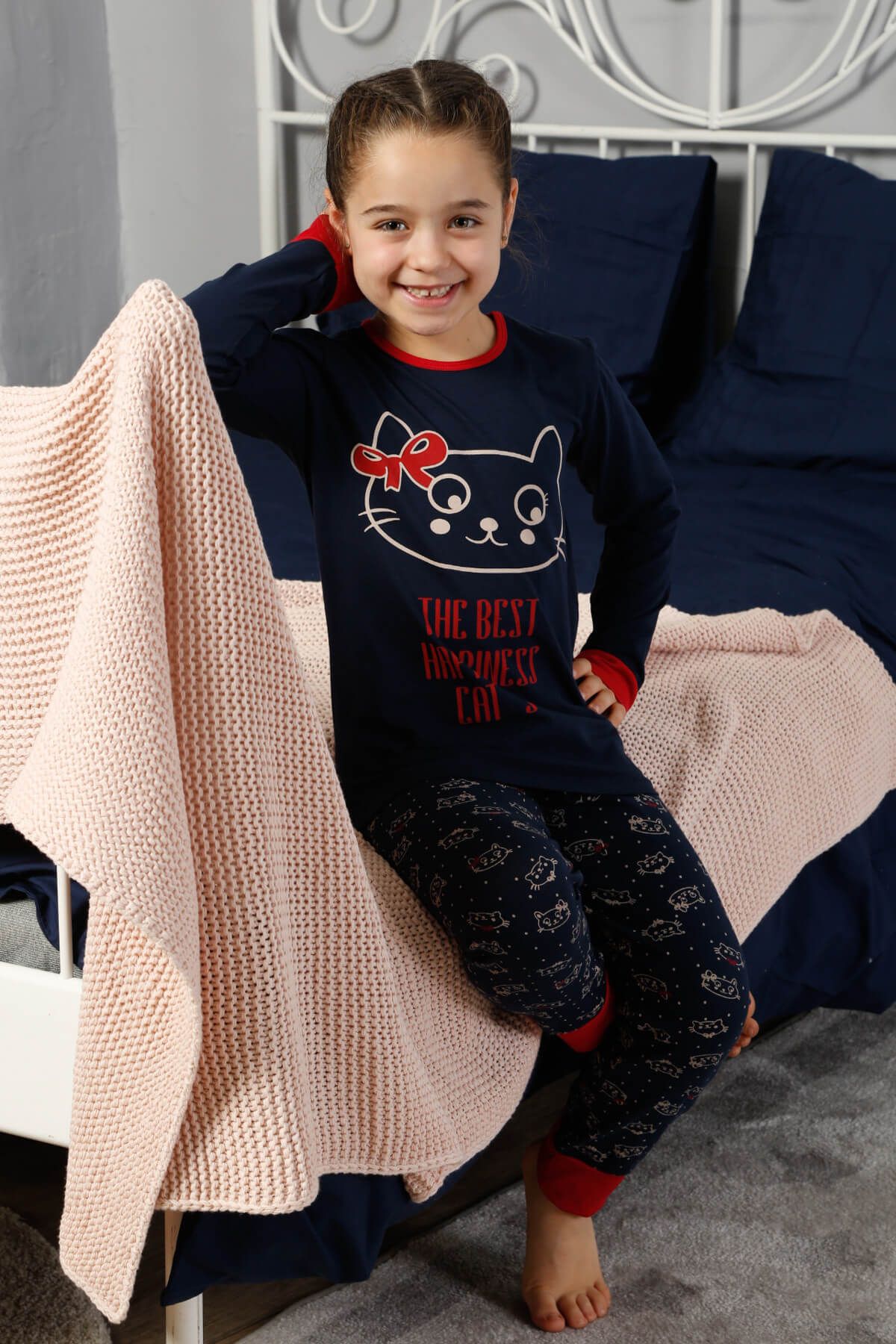 ELİTOL Kız Çocuk Lacivert Pamuklu Likralı Pijama Takımı