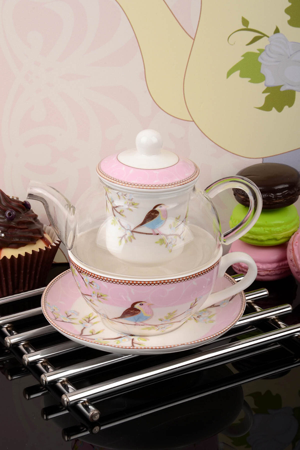 Kitchen World Özel Tasarım Süzgeçli Ve Cam Demlikli Tea Pot Seti