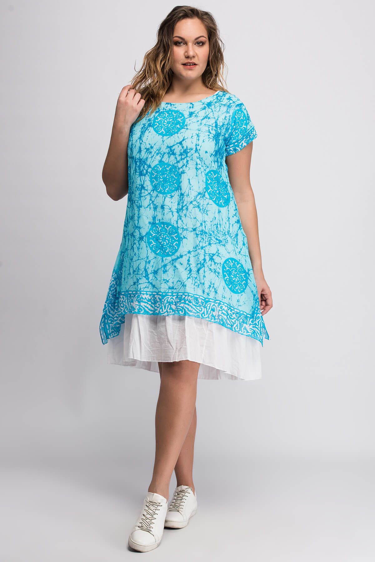 Curvy Kadın Mavi Desenli Astarlı Mendil Elbise YSF0022