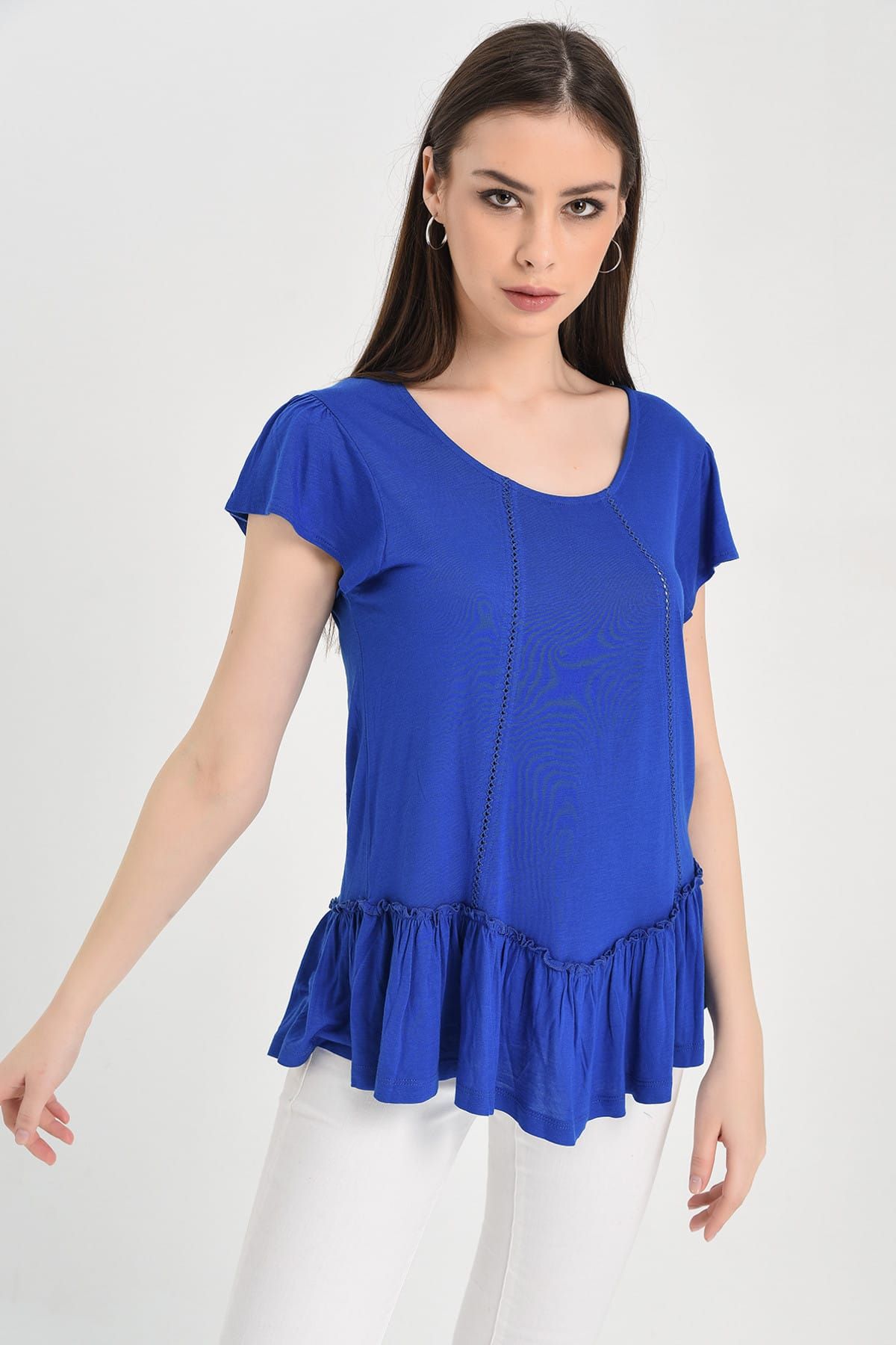 Hanna's Kadın Mavi Kroşete Detaylı Eteği Fırfırlı Tshirt Hn1518