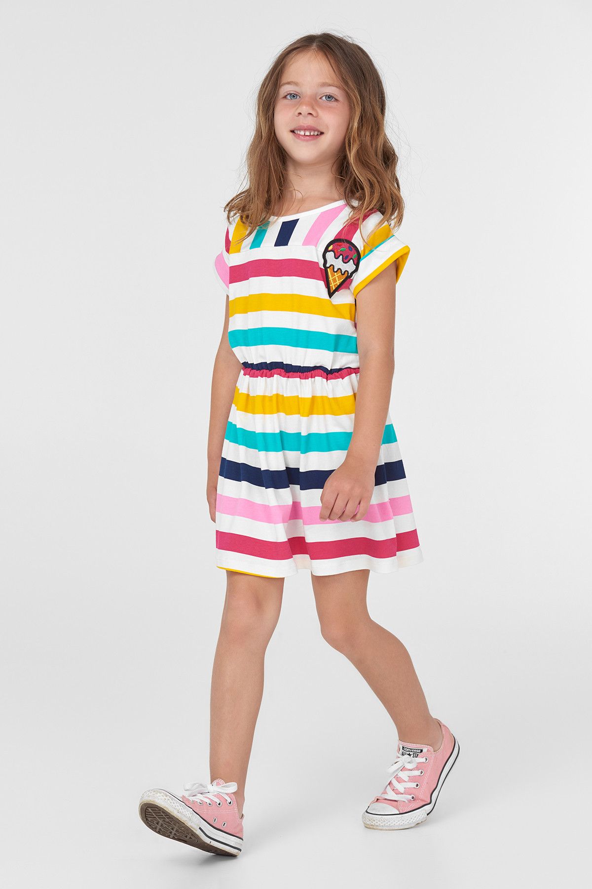 TRENDYOLKIDS Çok Renkli Dondurma Aplikeli Çizgili Kız Çocuk Elbise TKDSS18HH0031
