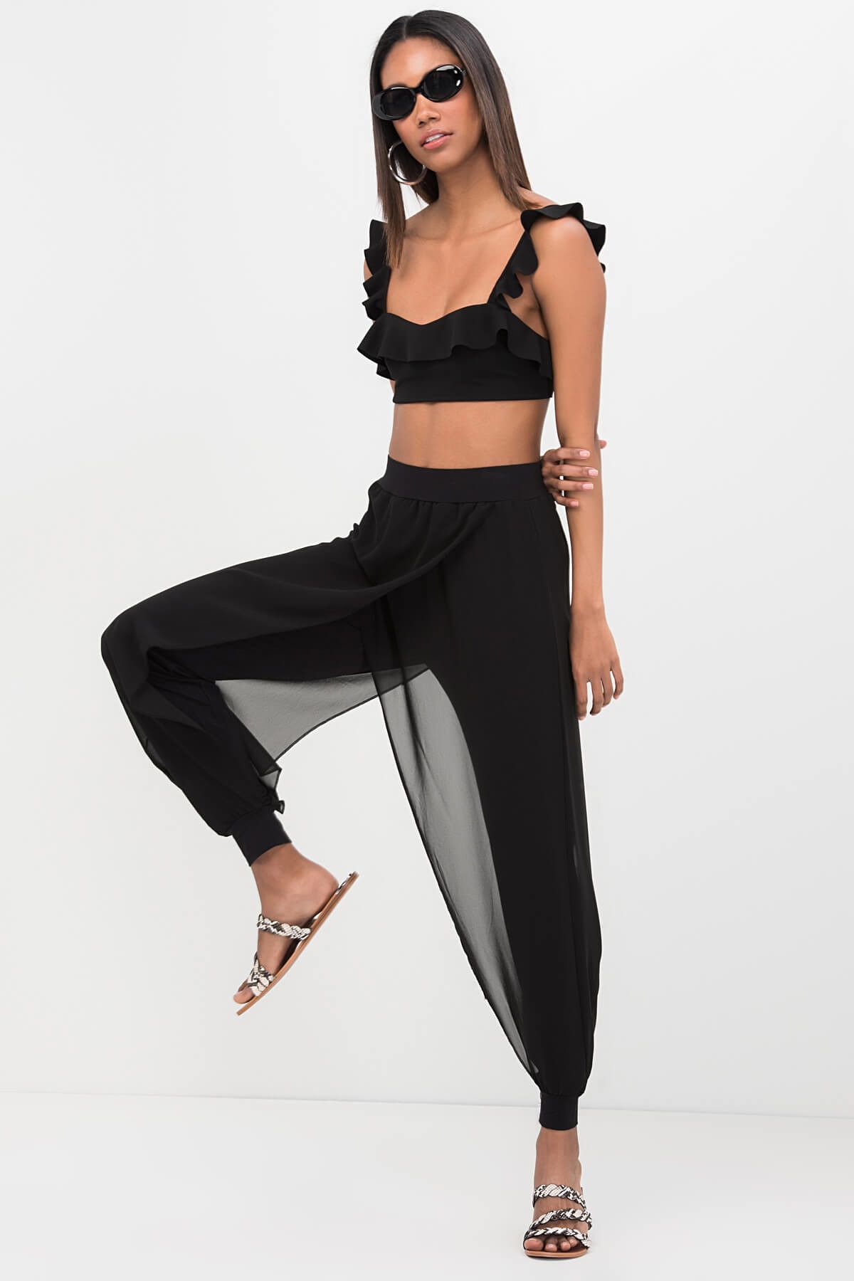 Cool & Sexy Kadın Siyah Üstü Şifon Şalvar Pantolon HT1536