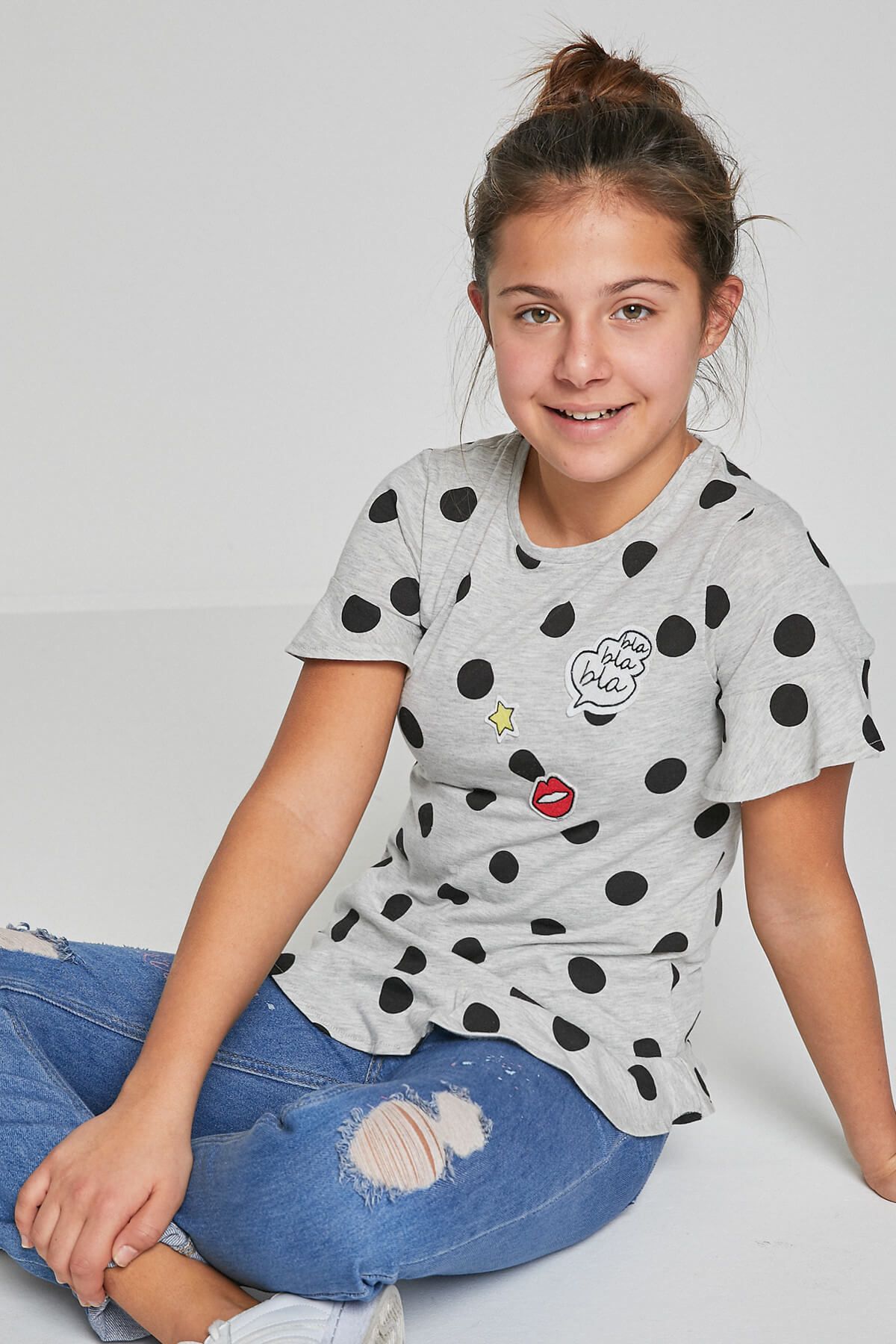Koton Gri Desenli Kız Çocuk Uzun Kollu T-Shirt