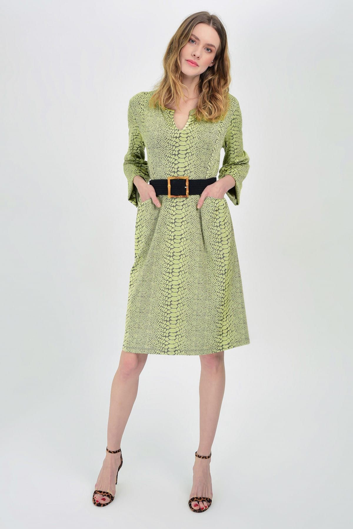 Hanna's Kadın Yeşil Yılan Derisi Uzun Kollu Yaka Ve Cep Detaylı Örme Elbise Hn1423