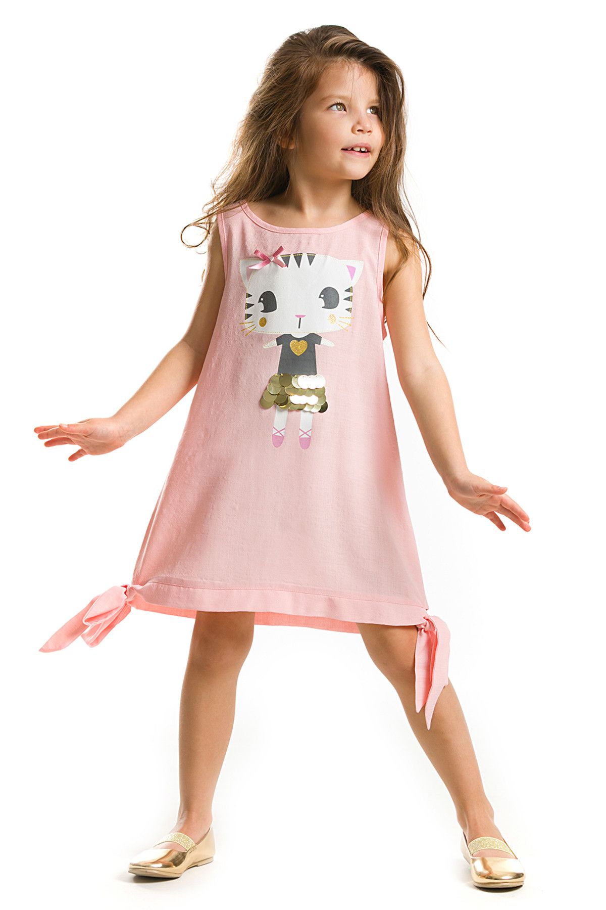 Denokids Pembe Kız Çocuk Altın Pullu Kedi Elbise CFF-18Y2-043