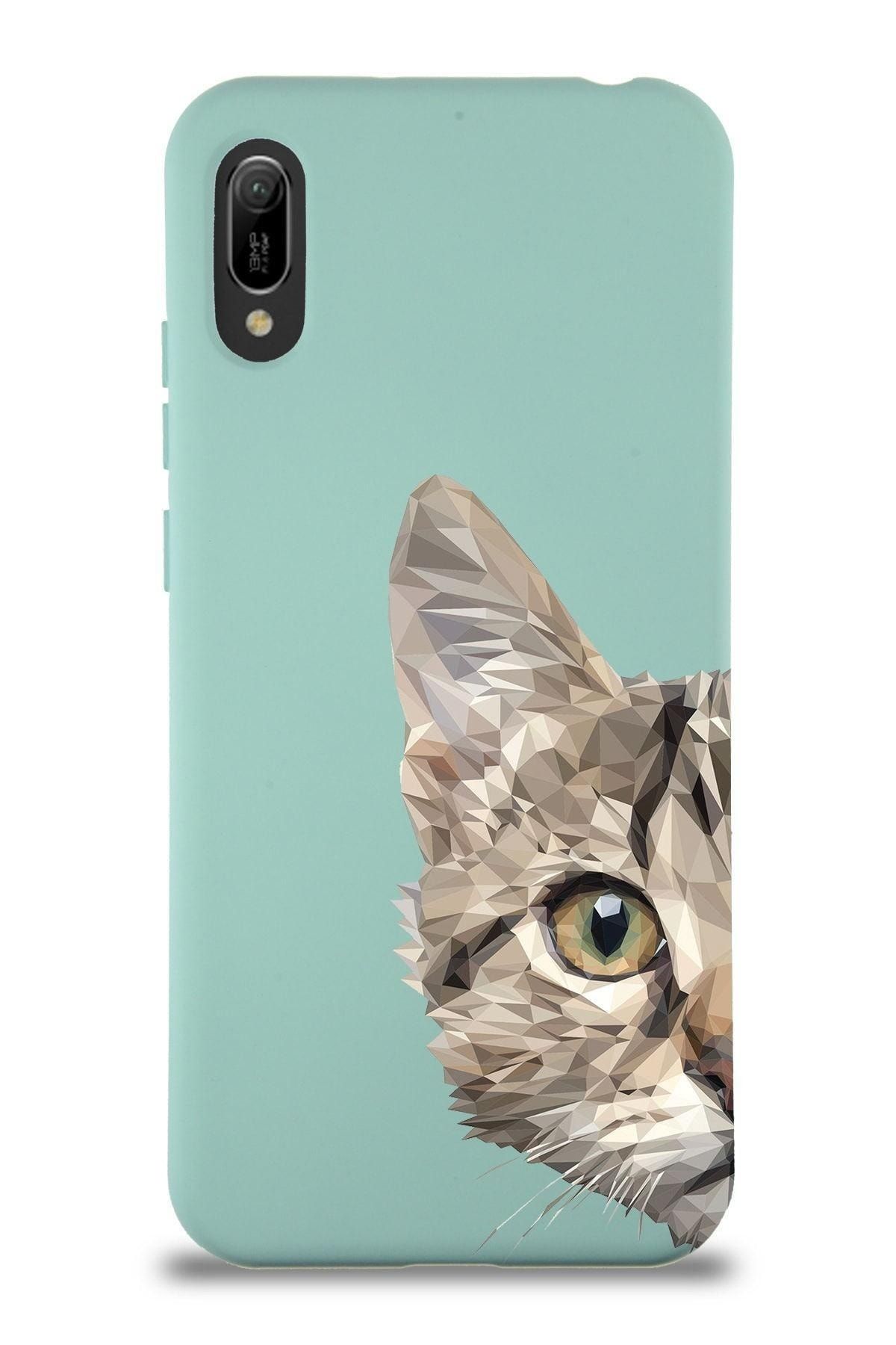 PrintiFy Huawei Y6 2019 Uyumlu Lansman Kılıf Catface Tasarımlı Içi Kadife Kapak-turkuaz