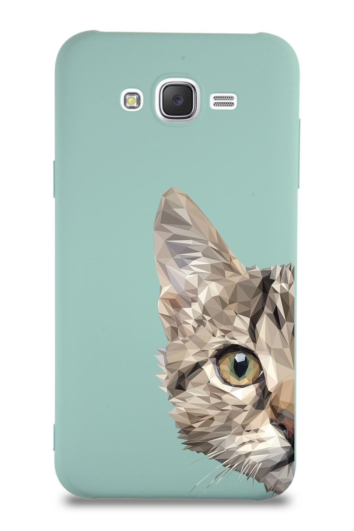 PrintiFy Samsung Galaxy J7 Uyumlu Lansman Kılıf Catface Tasarımlı Içi Kadife Kapak-turkuaz