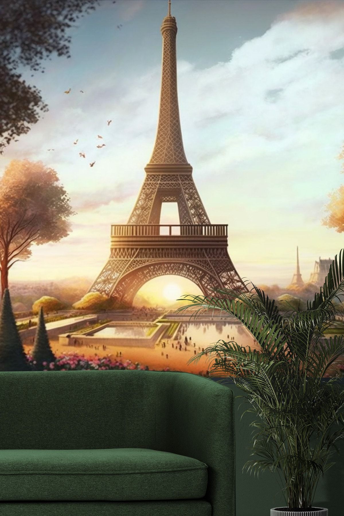 Dekoros Eyfel Kulesi Gün Batımı Duvar Kağıdı, Sonbahar Paris Manzara Posteri, Tek Parça Kolay Montaj