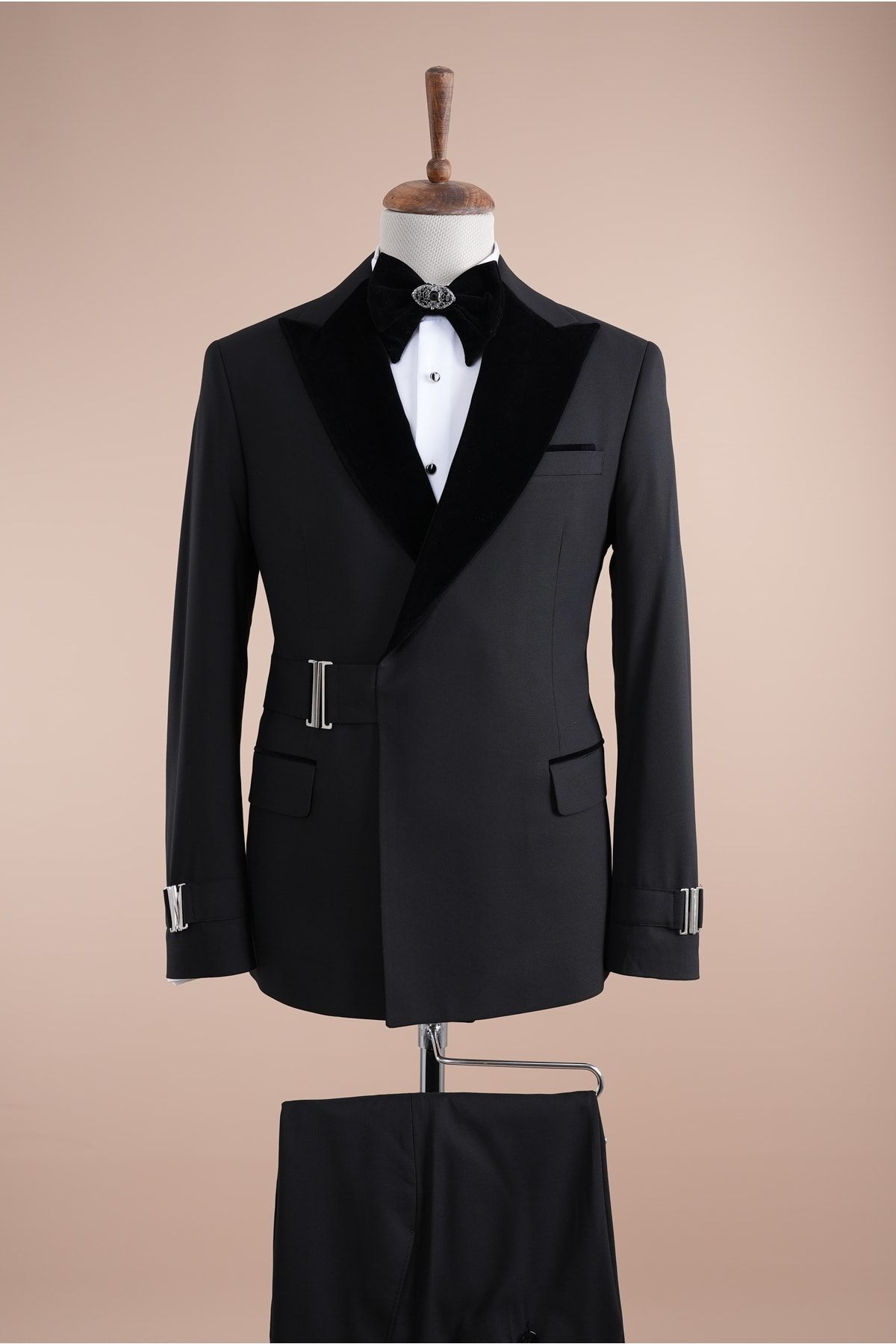 PAREZ Premium Erkek Tokalı Kruvaze Damatlık Slim Fit Italyan Stil Ceket Pantolon Papyon